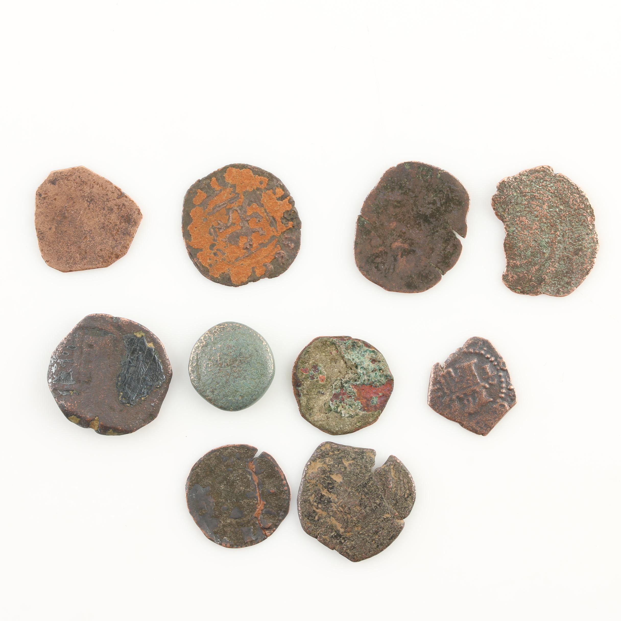 Ten New World Pirate Era Spanish Bronze Coins