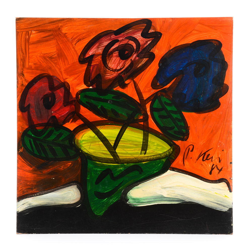 Peter Keil Vintage Oil Painting on Masonite "Green Flowers"