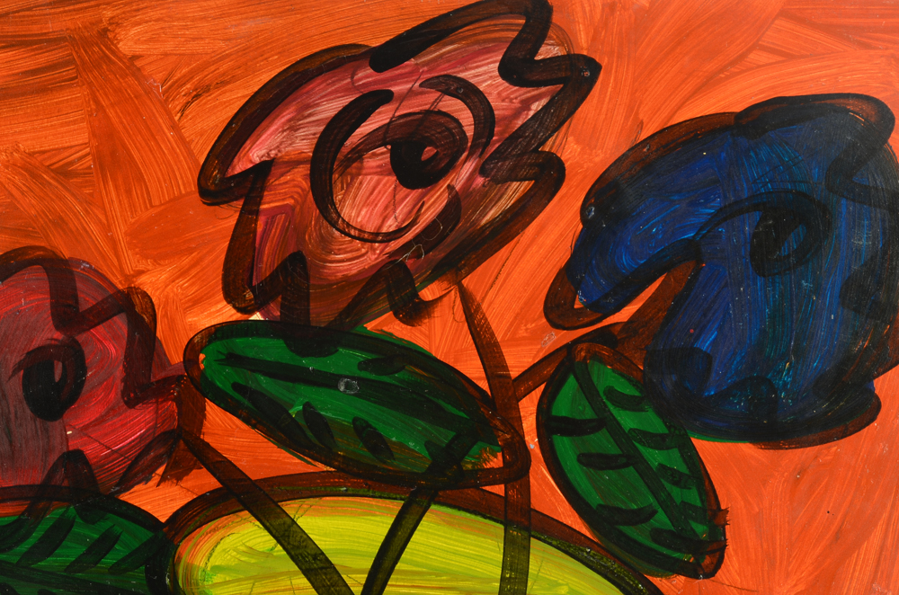 Peter Keil Vintage Oil Painting on Masonite "Green Flowers"