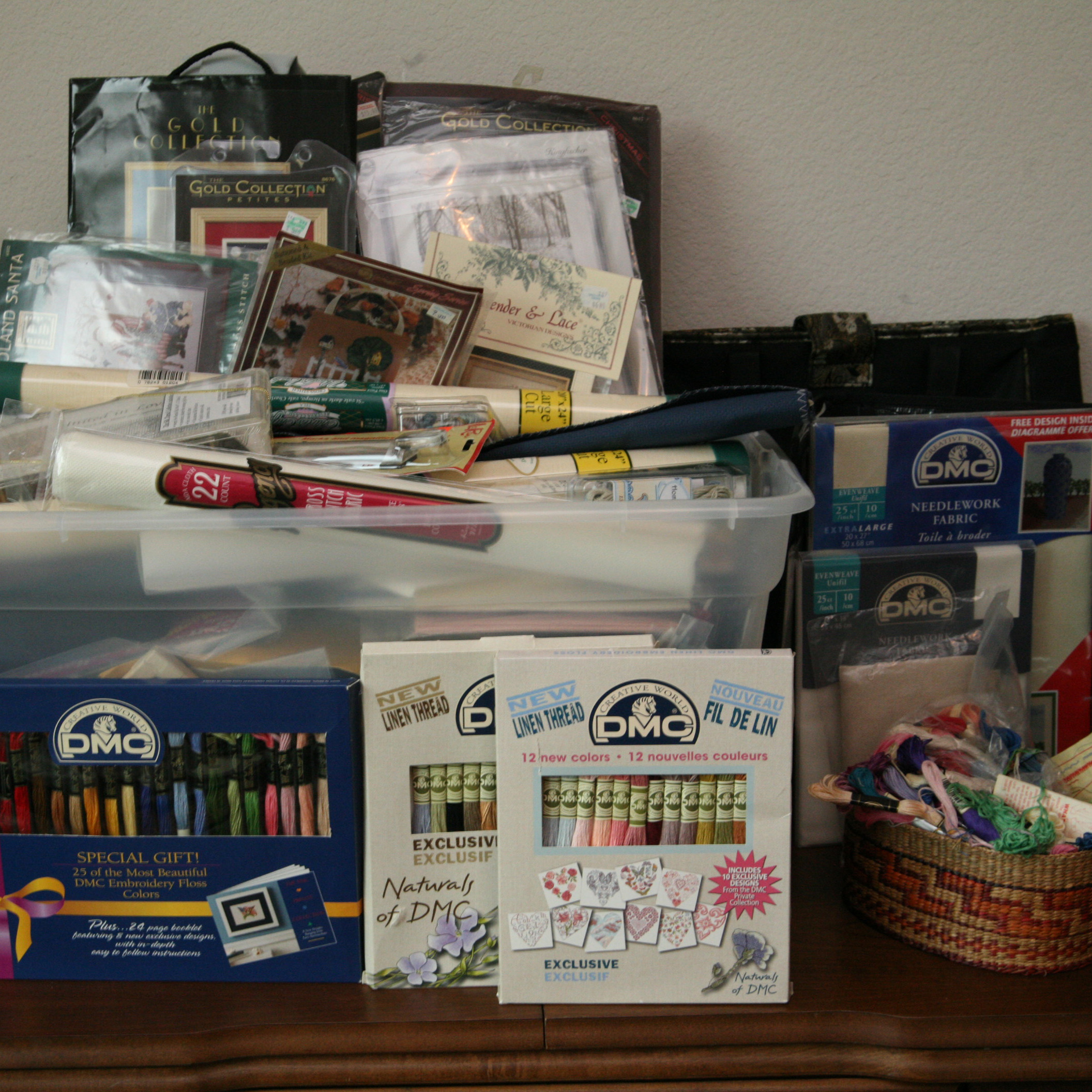 Embroidery Patterns, Floss, and Storage Cases