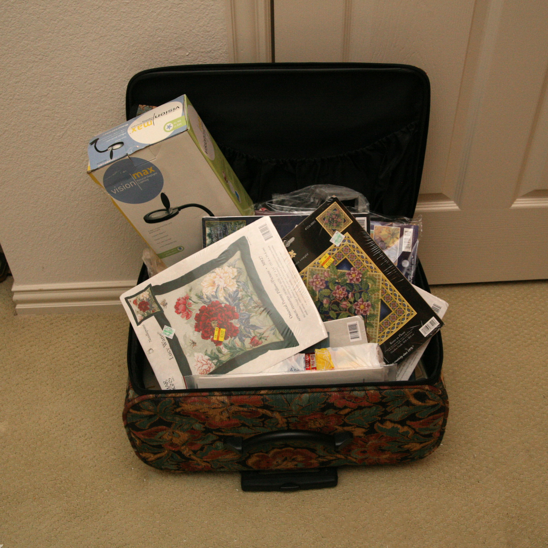 Suitcase With Vision Max Light and Needlepoint and Embroidery Supplies