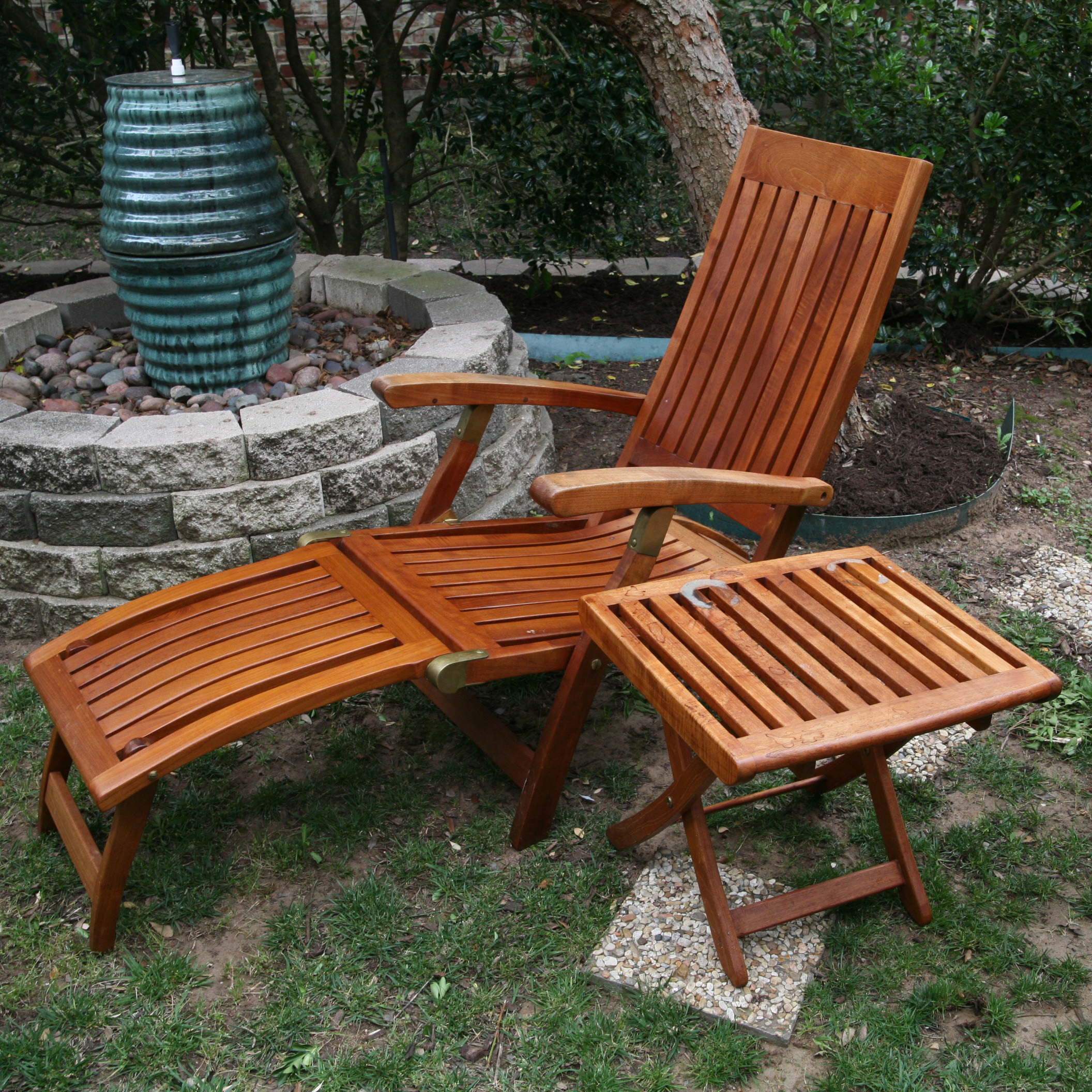 Royal Teak Folding Lounge Chair and Table with Brass Accents