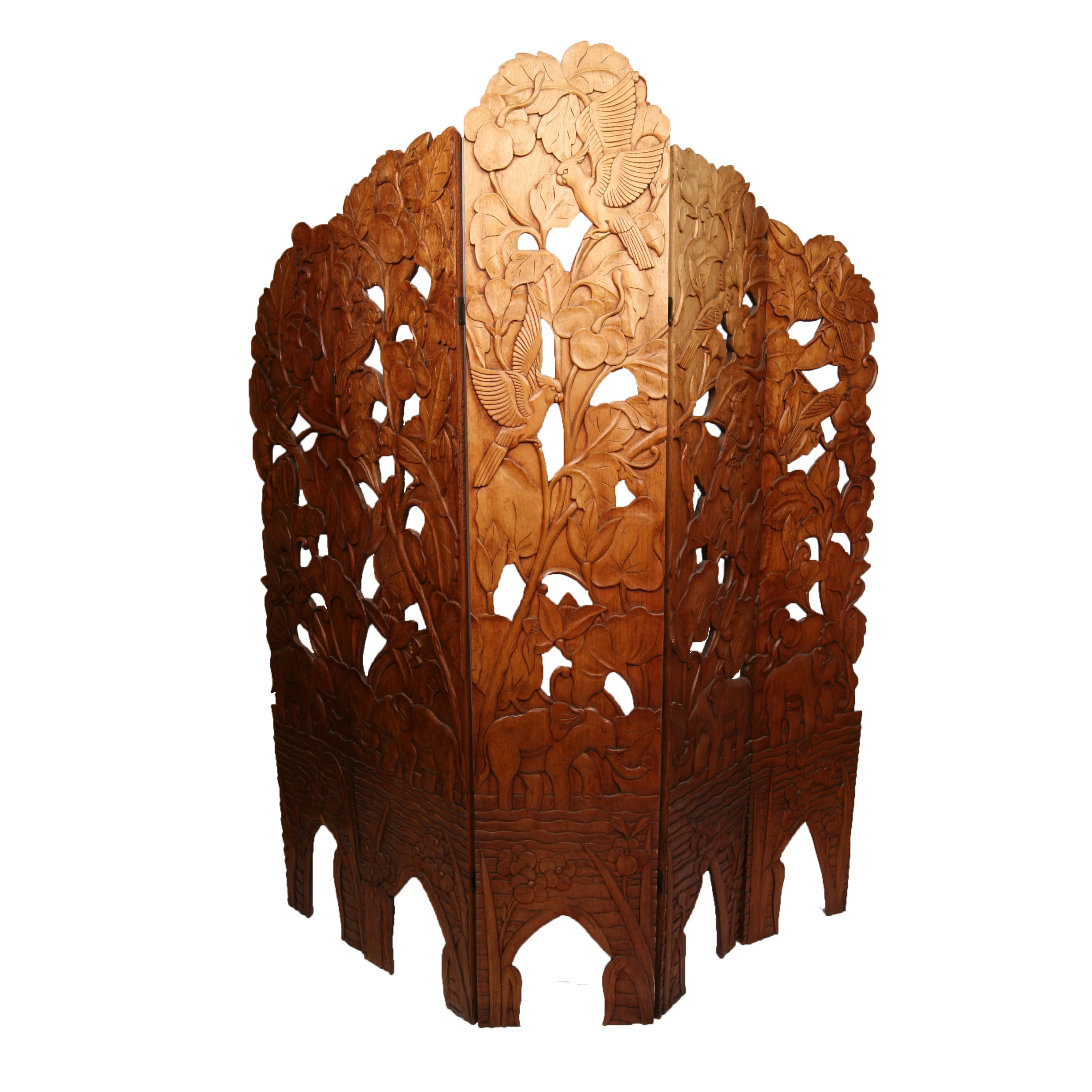 Five Panel Carved Wood Screen