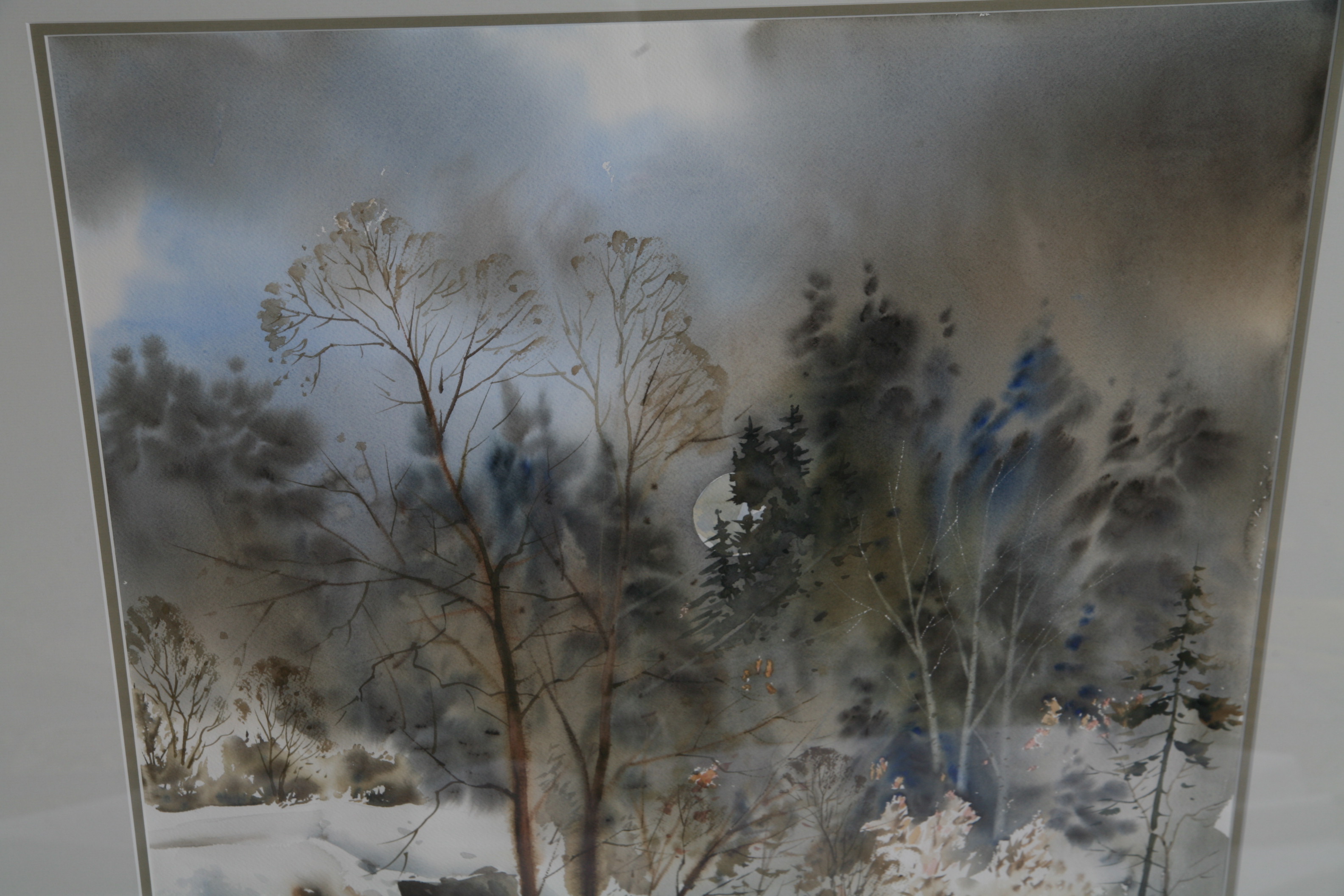 Ghulam Mustafa Watercolor Painting "Moon Behind Pines"