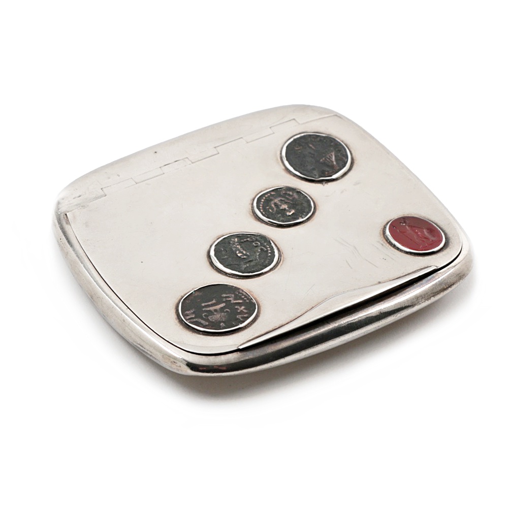 Antique Coin Silver Pocket Case with Bezel Set Ancient Coins and Intaglio