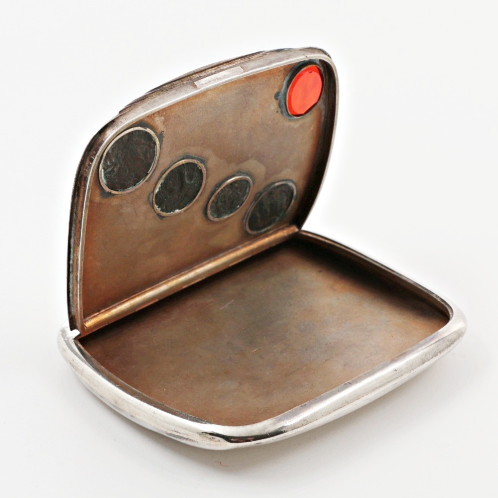 Antique Coin Silver Pocket Case with Bezel Set Ancient Coins and Intaglio