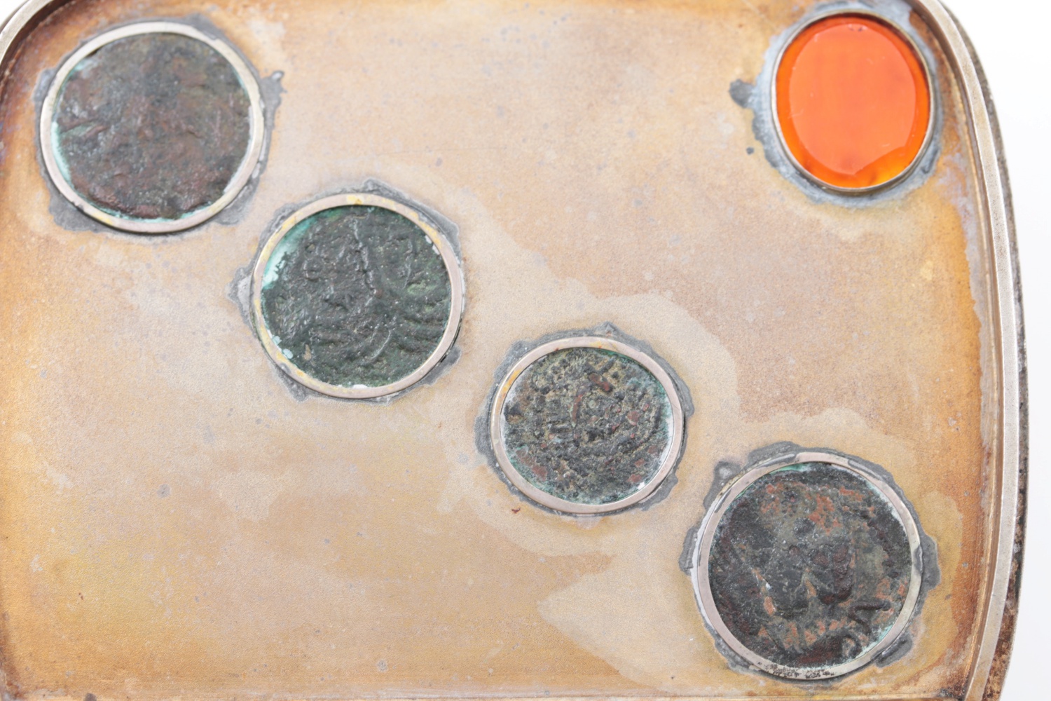 Antique Coin Silver Pocket Case with Bezel Set Ancient Coins and Intaglio