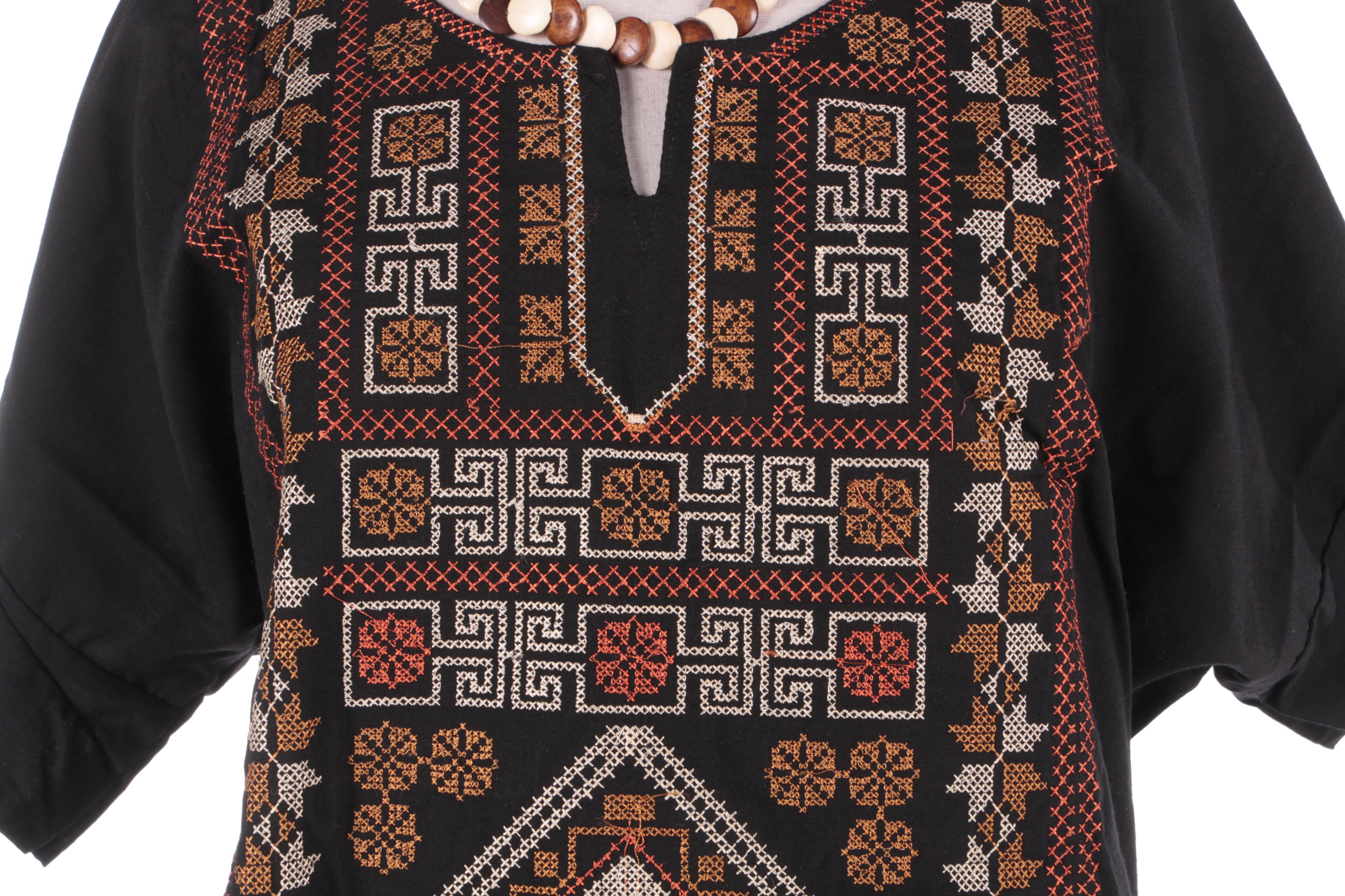 Traditional Palestinian Cotton Dress with Cross Stitching and a Beaded Necklace