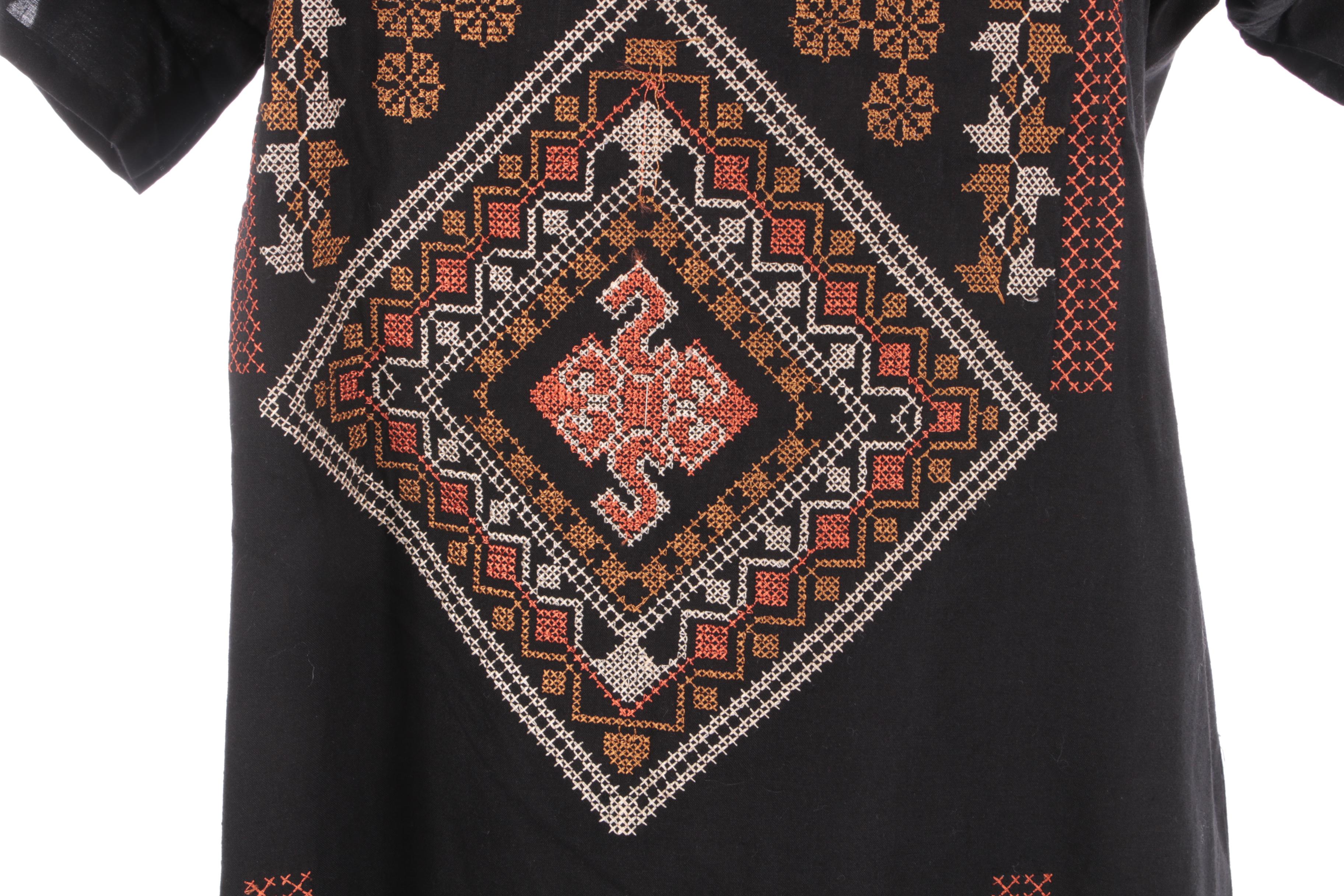 Traditional Palestinian Cotton Dress with Cross Stitching and a Beaded Necklace