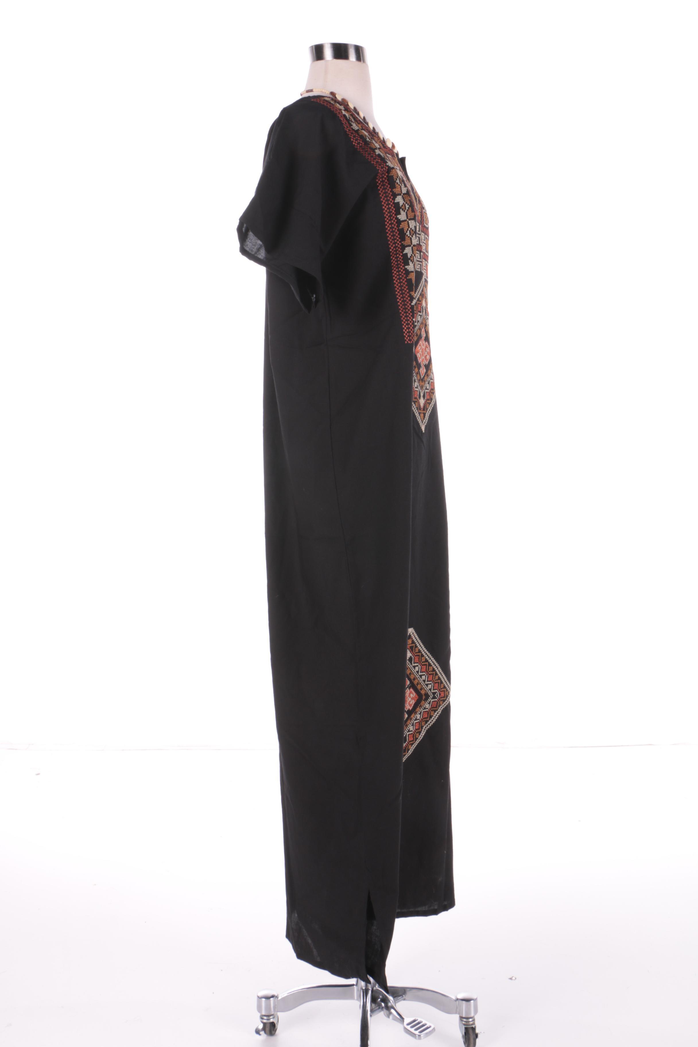 Traditional Palestinian Cotton Dress with Cross Stitching and a Beaded Necklace