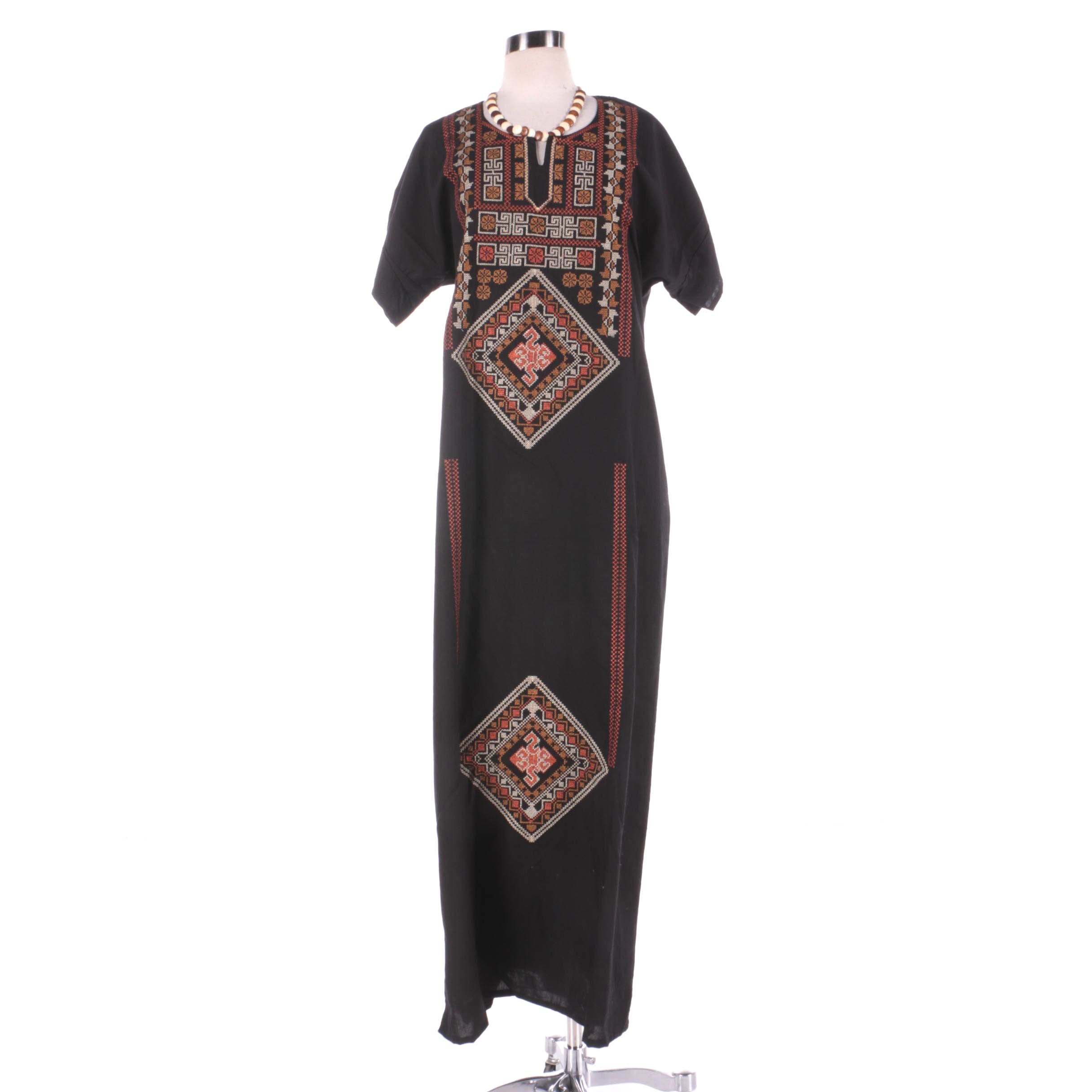 Traditional Palestinian Cotton Dress with Cross Stitching and a Beaded Necklace