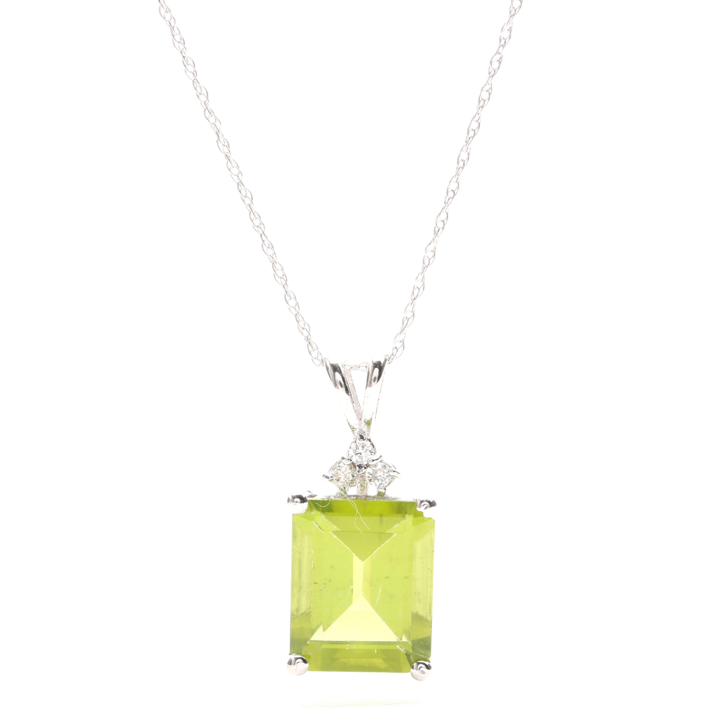 14K White Gold Peridot and Diamond Pendant Necklace