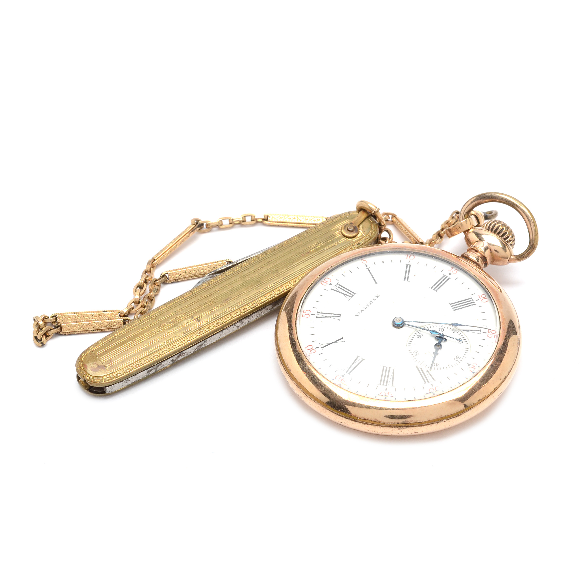 Antique Waltham Pocket Watch with Gold Filled Fob and Double Blade Pocket Knife