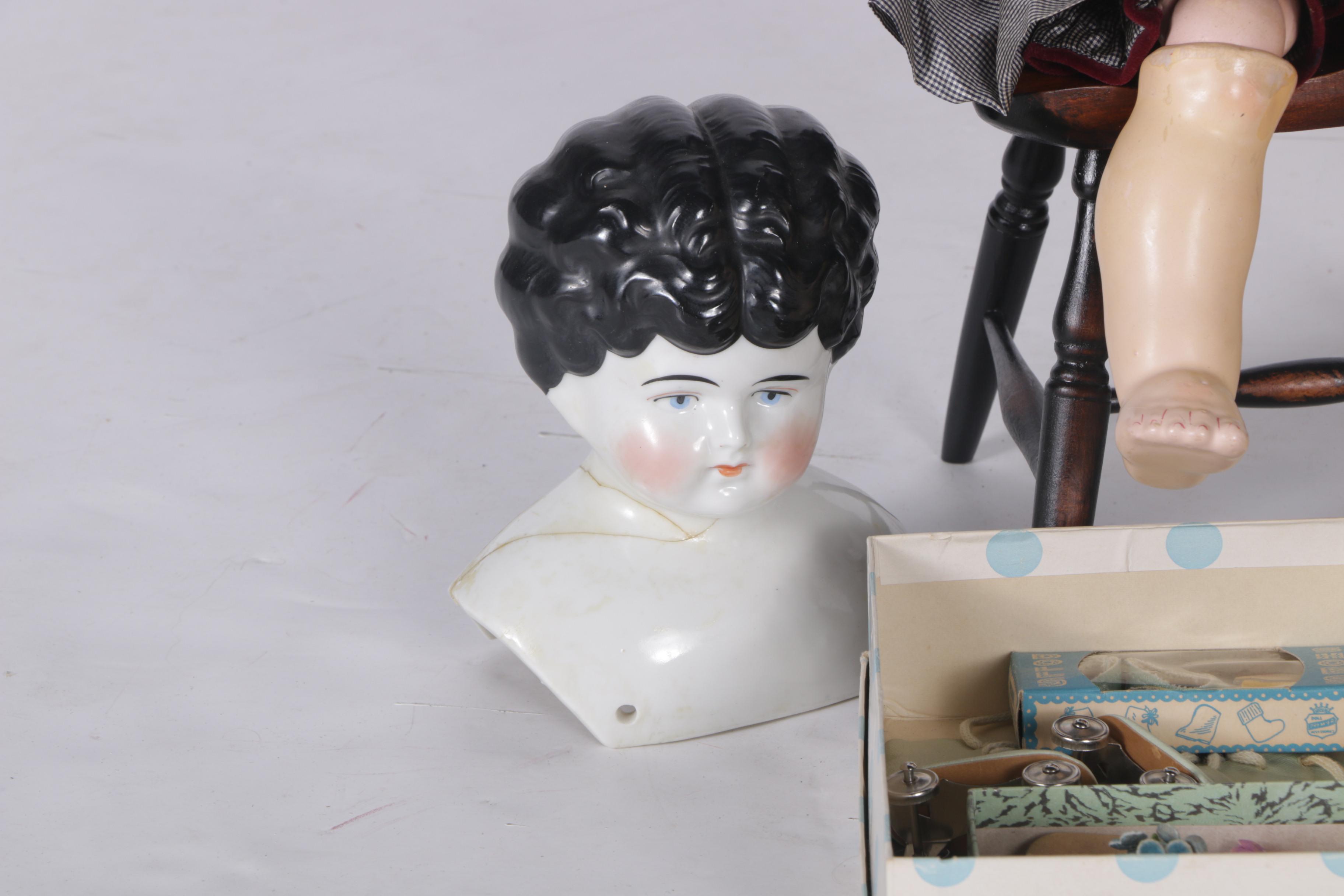 Antique German Bisque and Composition Doll with China Head Dolls and Accessories