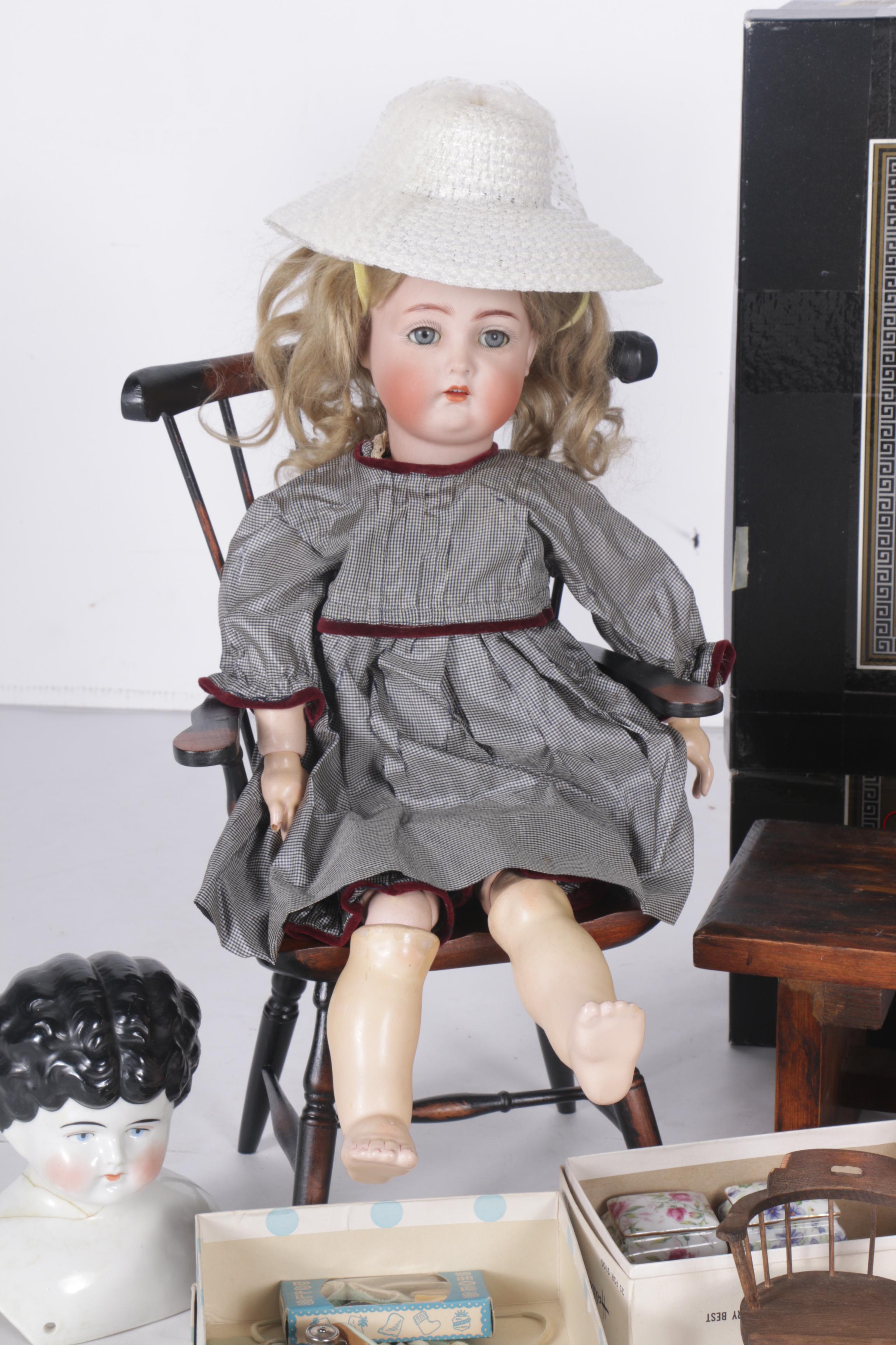 Antique German Bisque and Composition Doll with China Head Dolls and Accessories