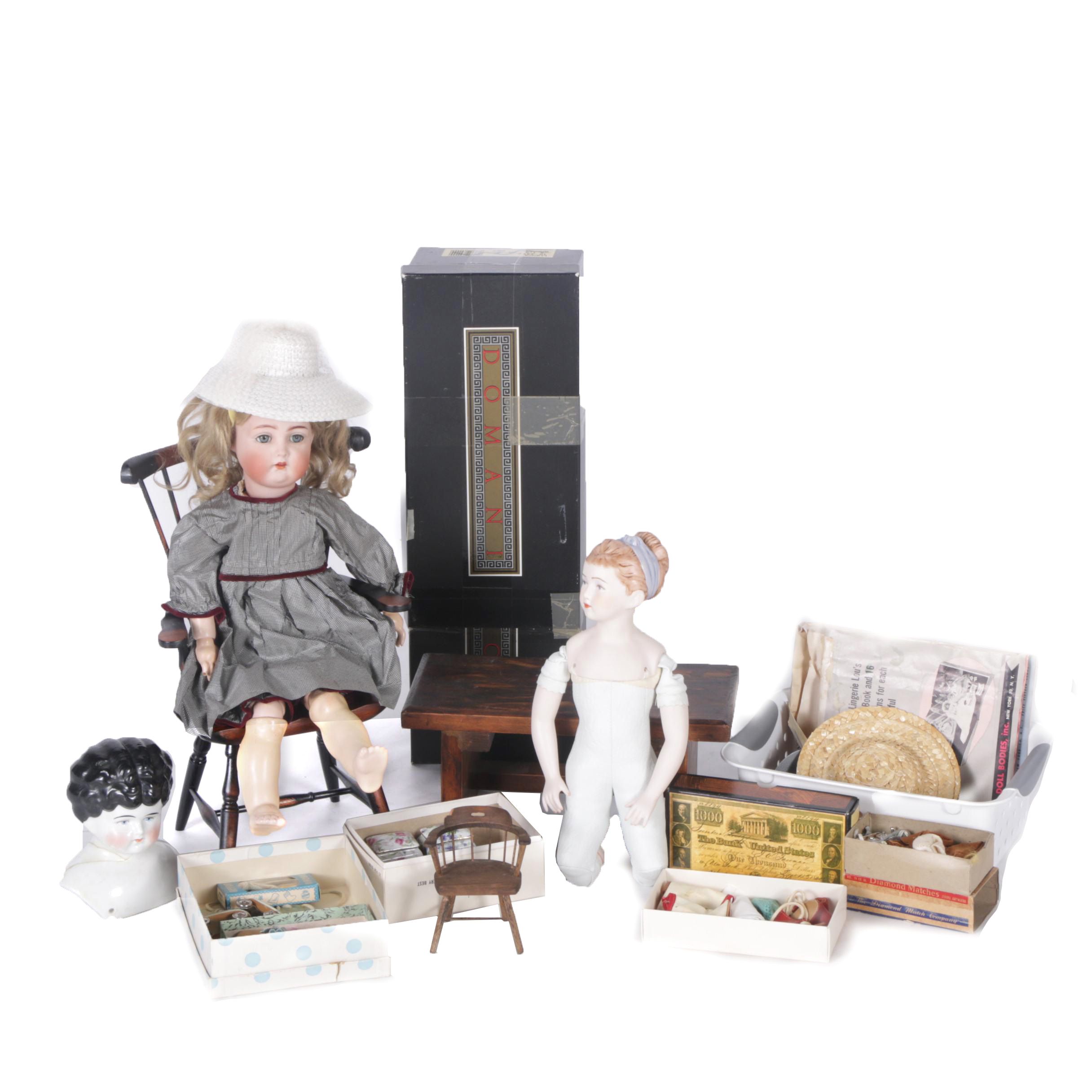 Antique German Bisque and Composition Doll with China Head Dolls and Accessories