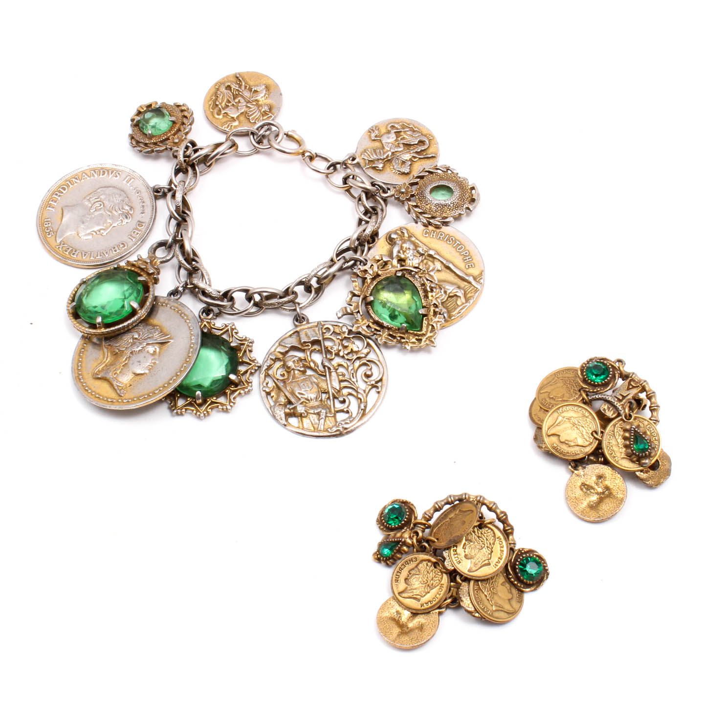 Vintage German-Made Gold Tone Charm Bracelet and Earrings