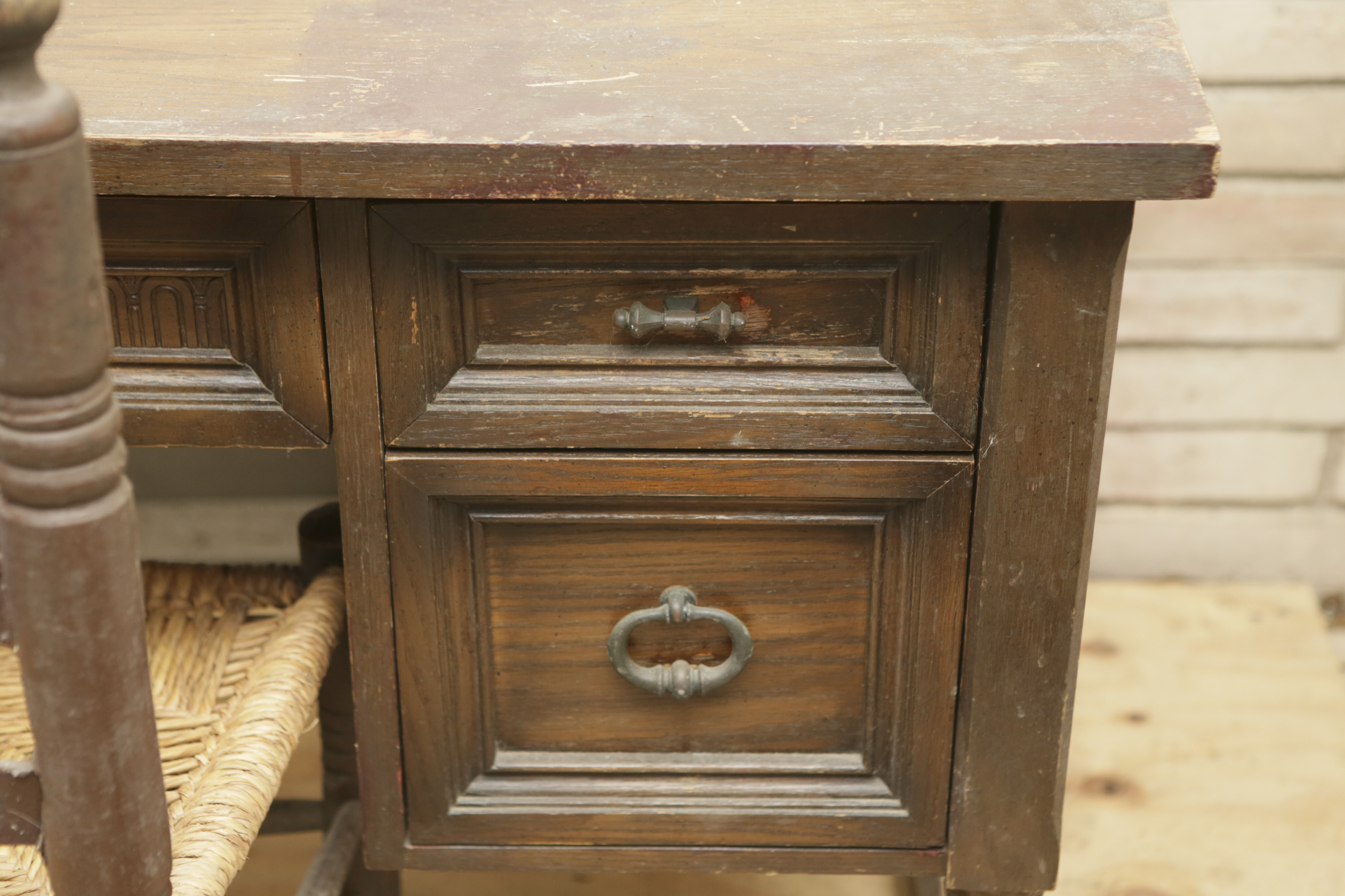 Vintage Oak Desk with Ladder Back Side Chair