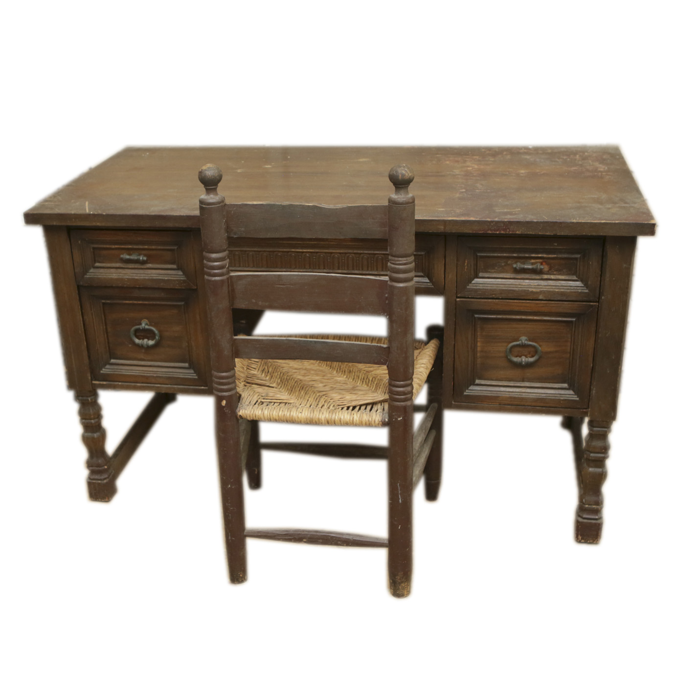 Vintage Oak Desk with Ladder Back Side Chair