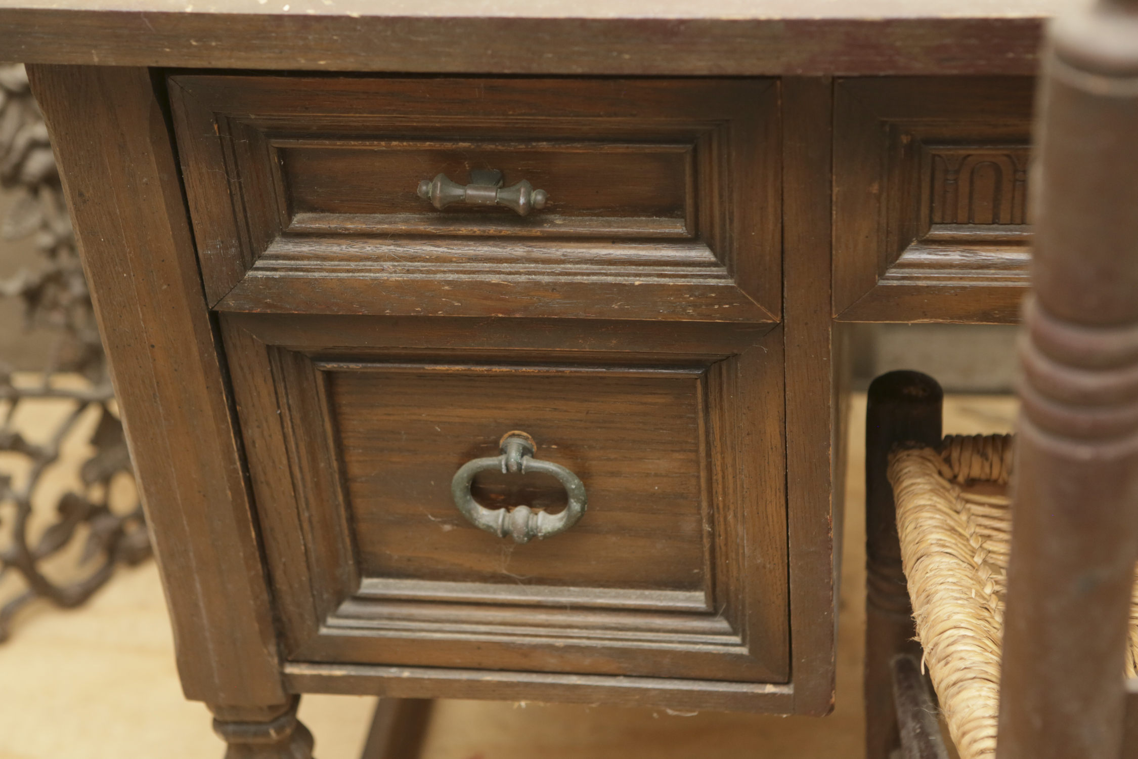 Vintage Oak Desk with Ladder Back Side Chair