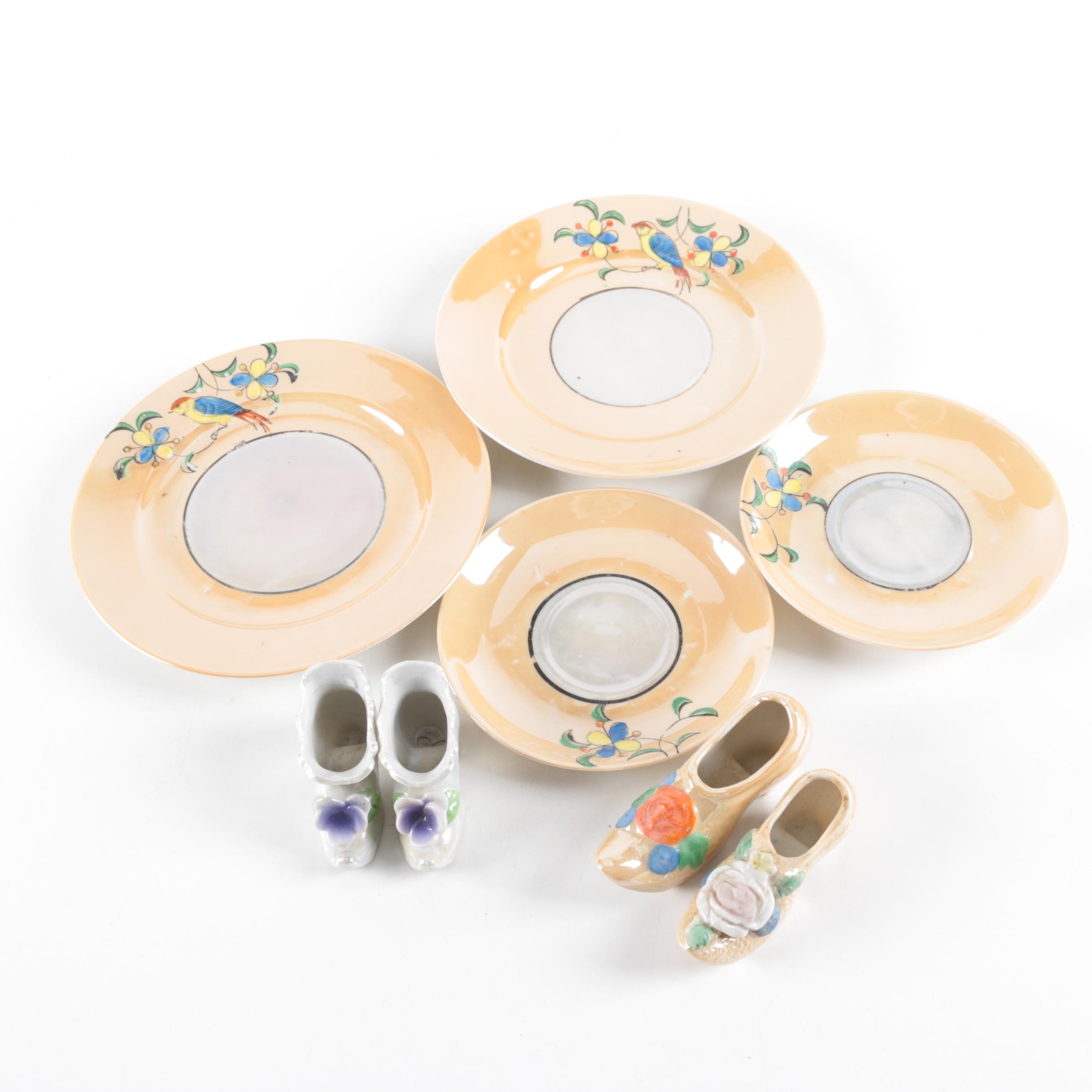 Vintage Japanese Hand Painted Lustre Shoe Figurines and Plates