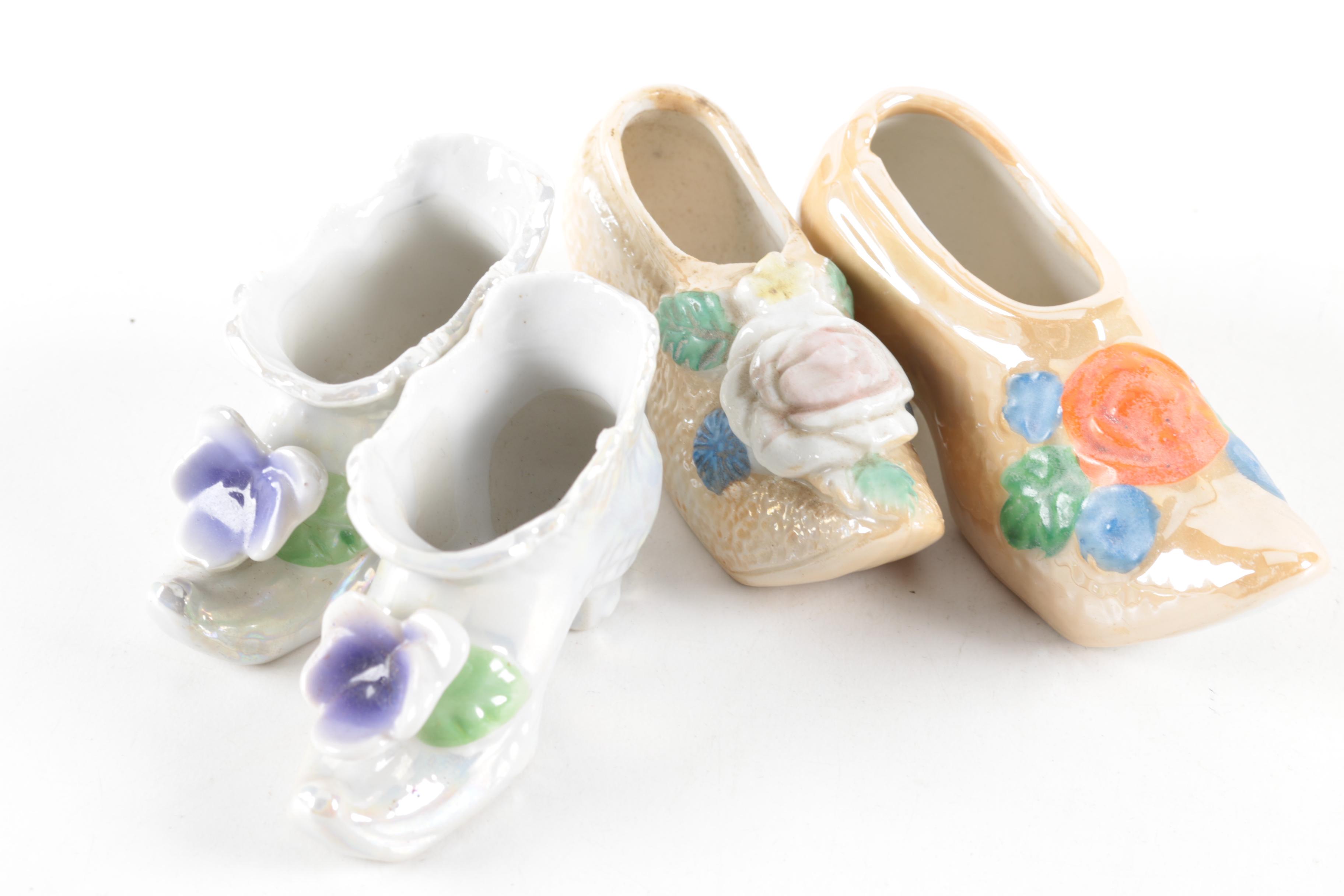 Vintage Japanese Hand Painted Lustre Shoe Figurines and Plates