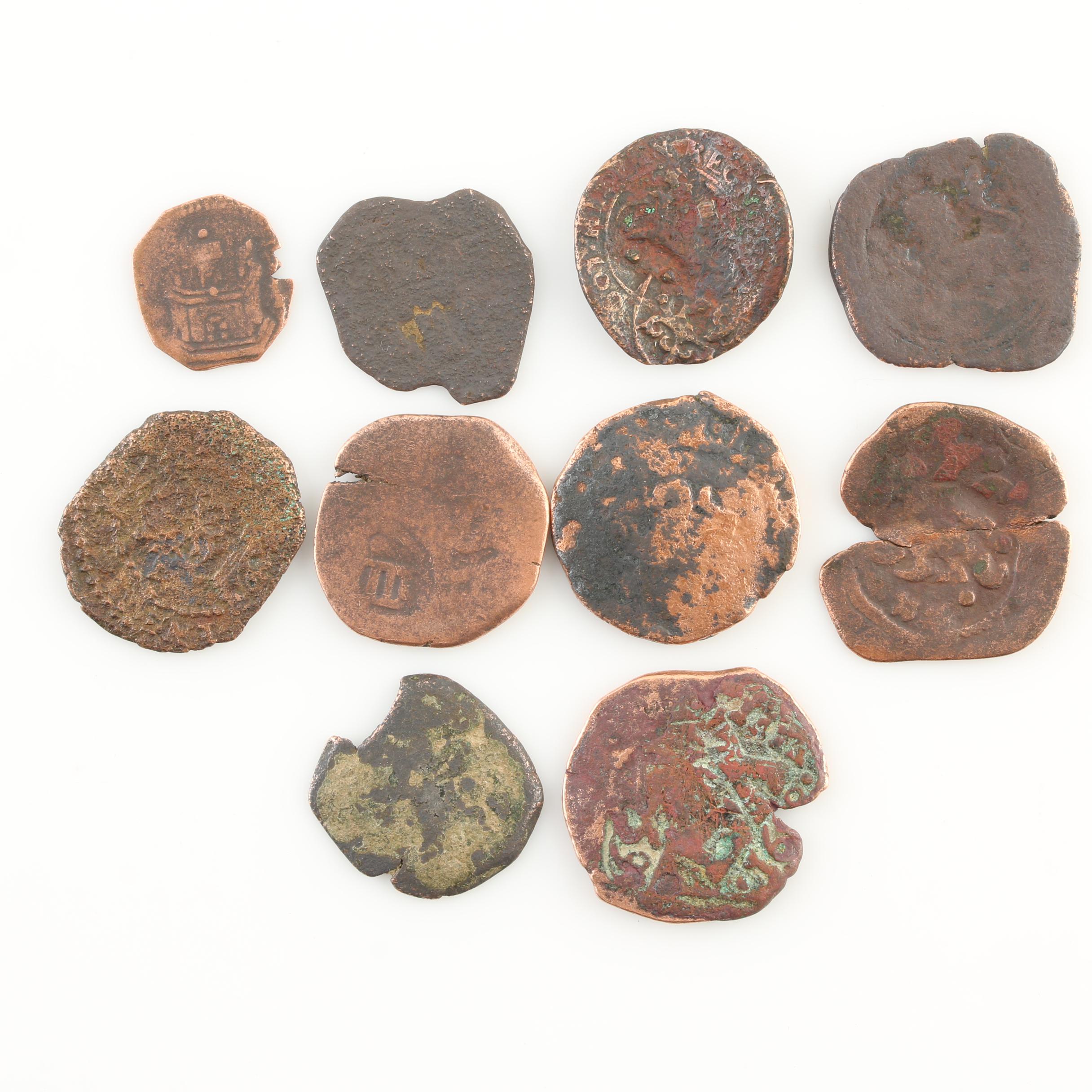 Ten Spanish Treasure New World Era Bronze Coins