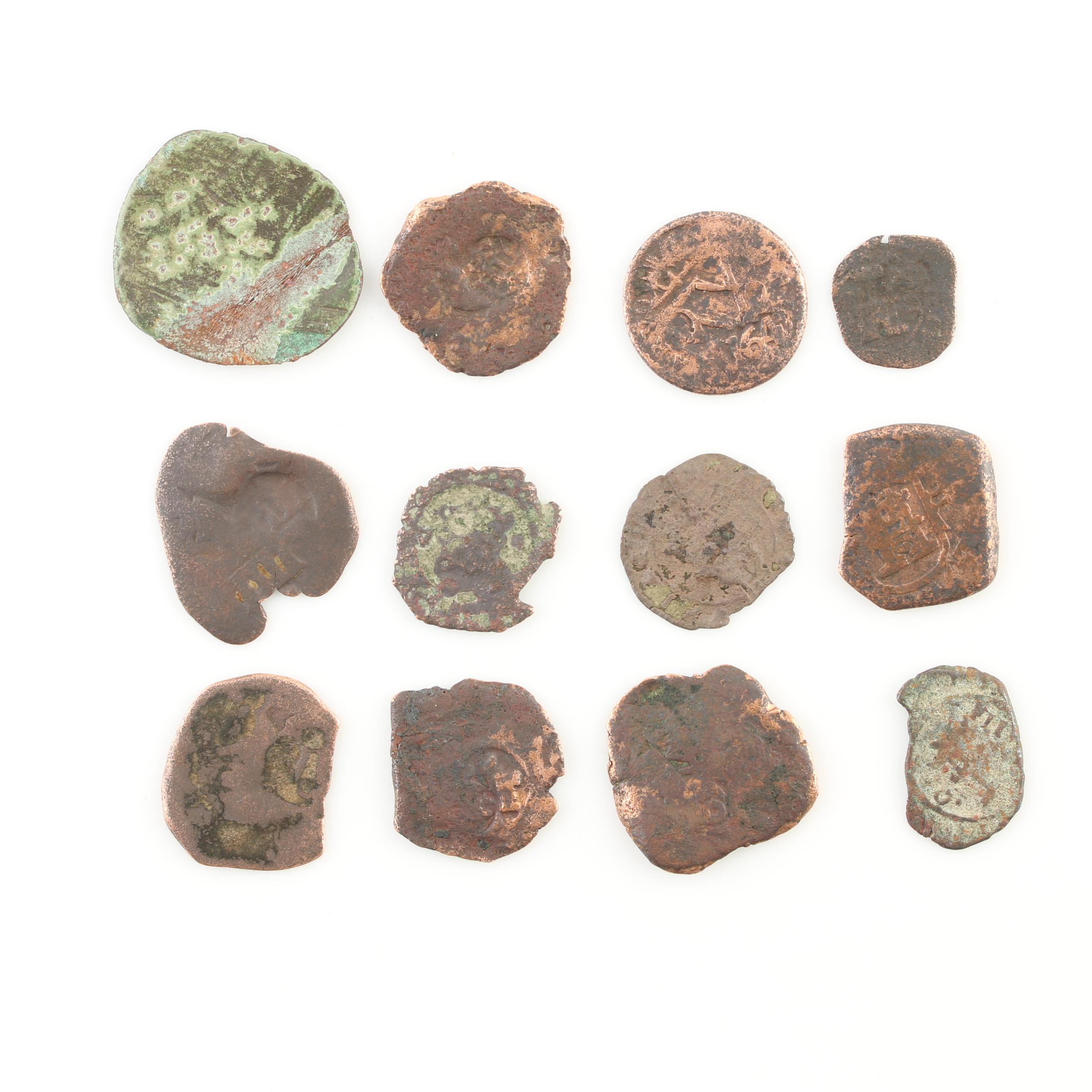 Twelve Spanish Treasure New World Era Bronze Coins