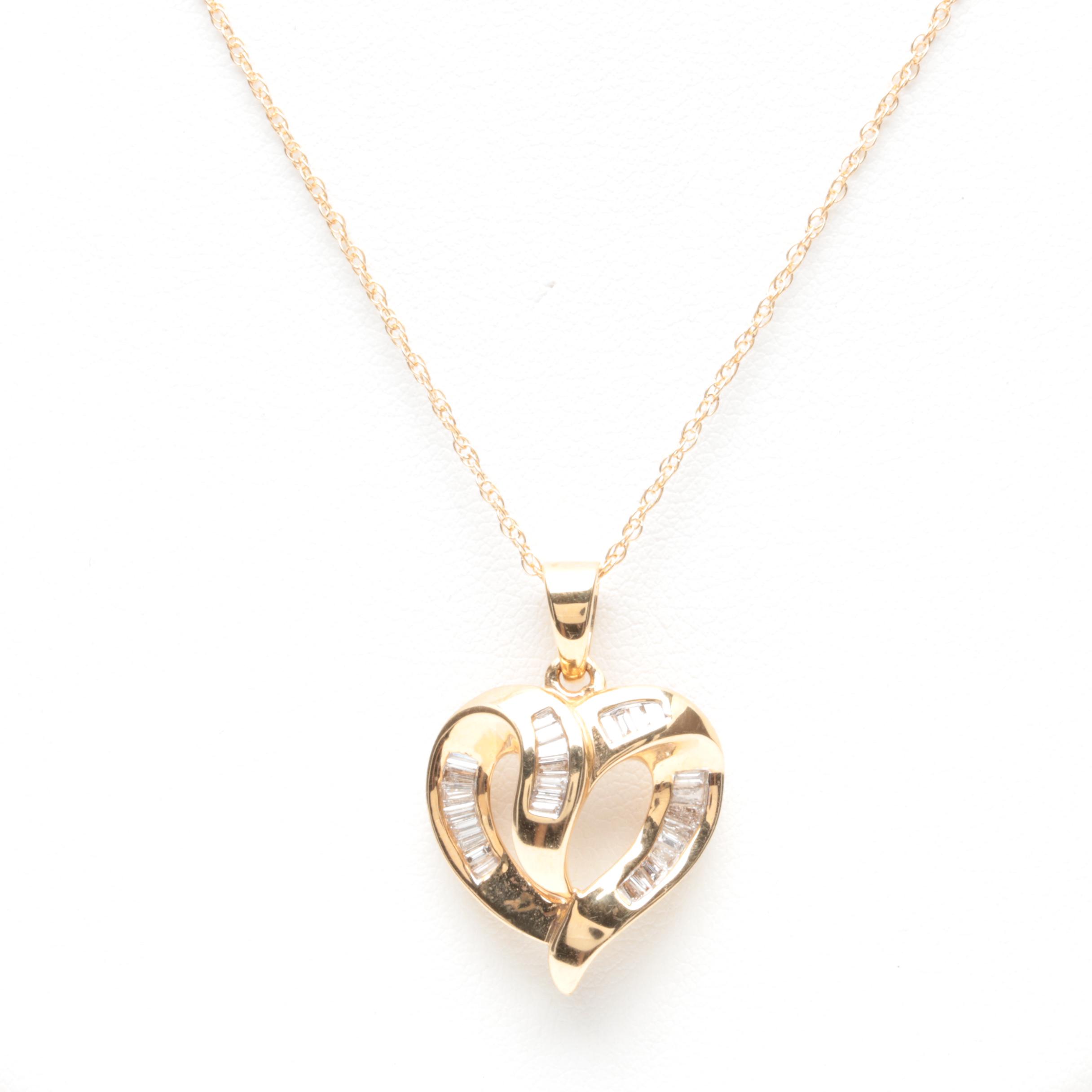 14K Yellow Gold Diamond Heart Pendant Necklace