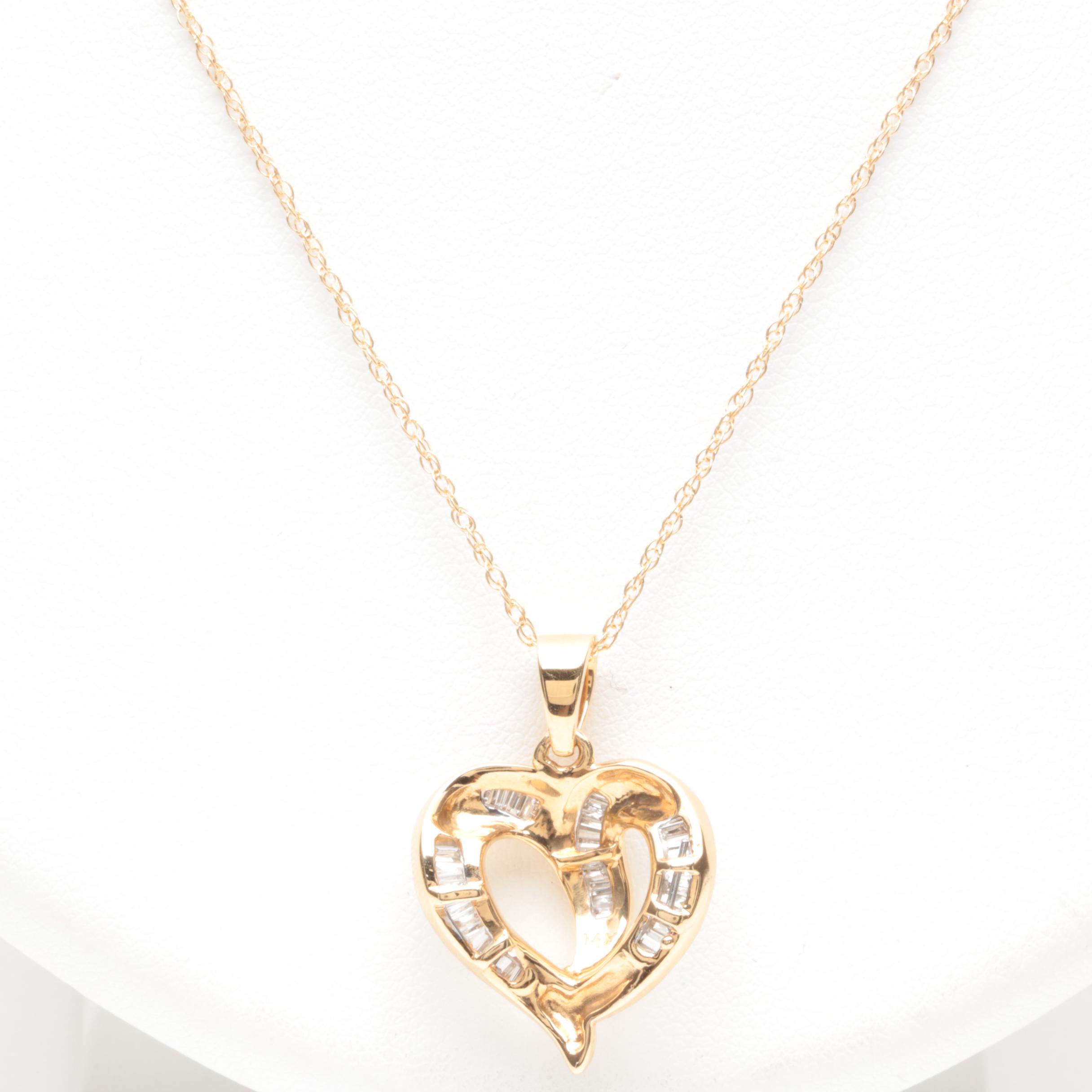 14K Yellow Gold Diamond Heart Pendant Necklace