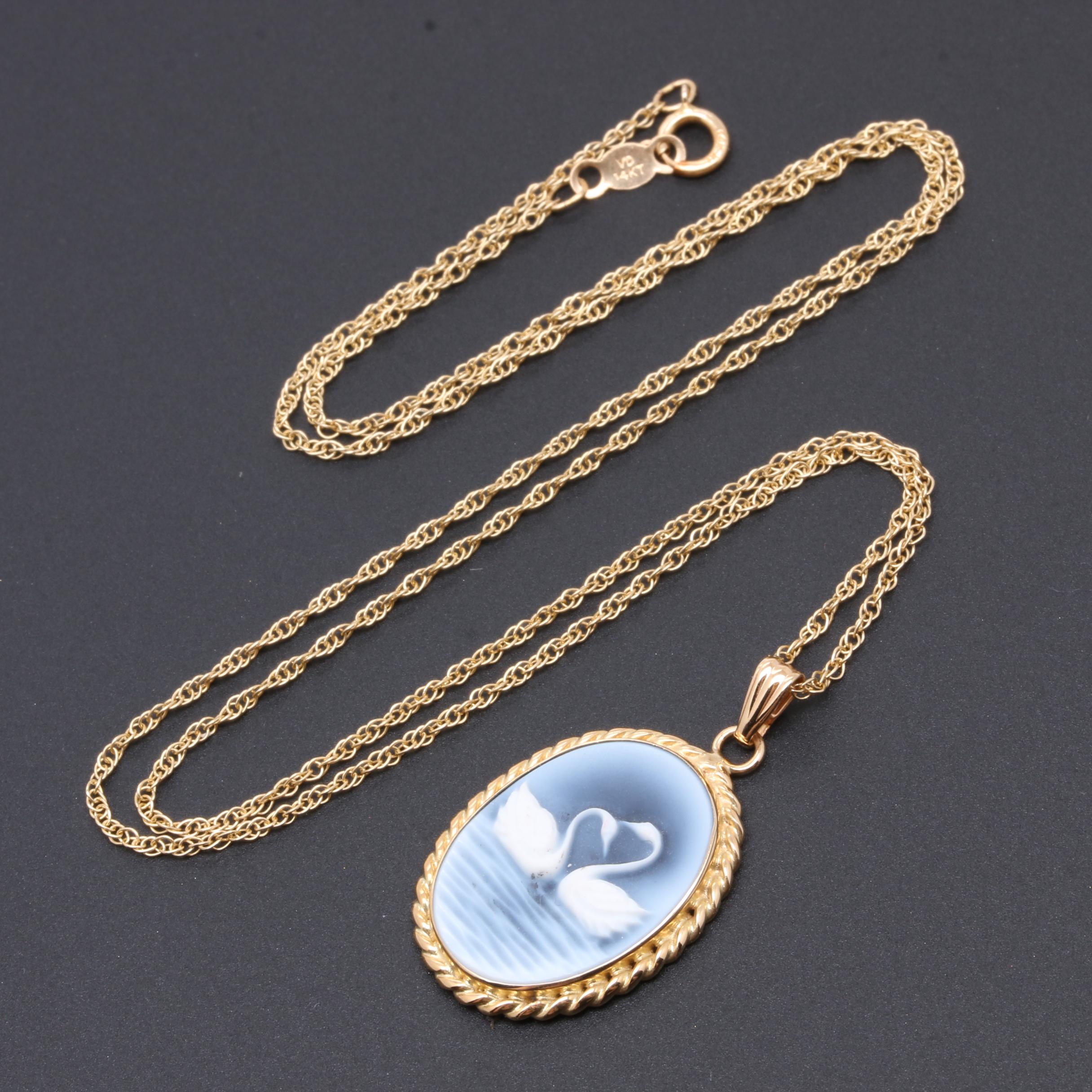 14K Yellow Gold Onyx Cameo Pendant Necklace