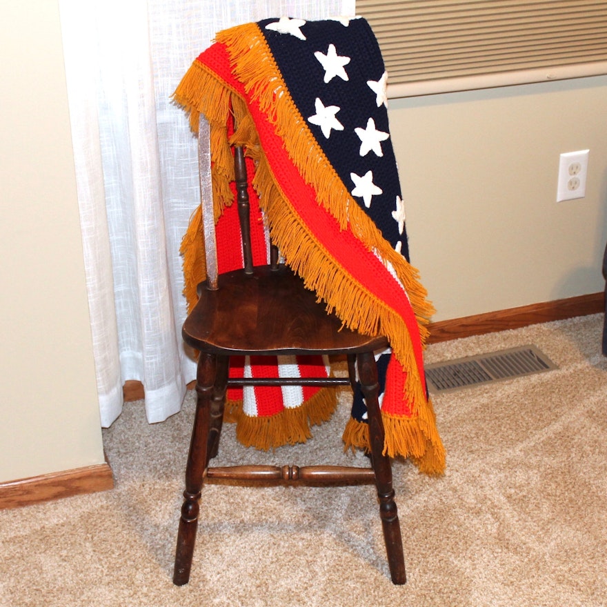 Vintage Plank Chair with US Flag Afghan