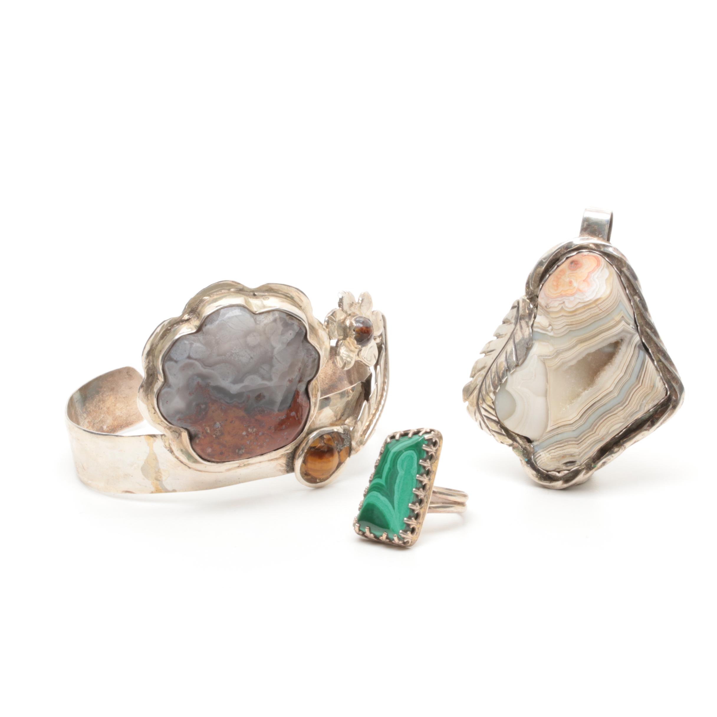 Bill Kirkham Sterling Silver Jewelry Set with Malachite, Agate and Tiger's Eye