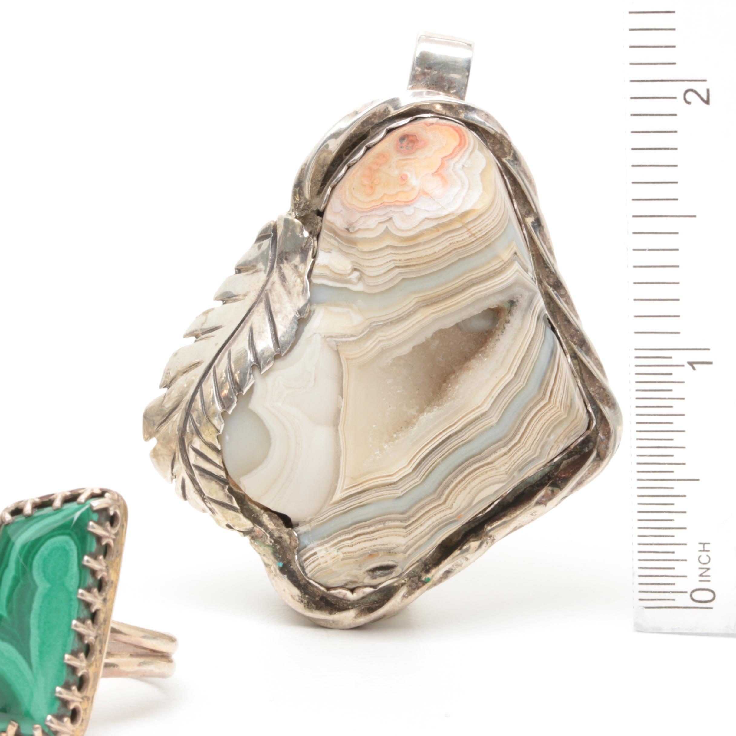 Bill Kirkham Sterling Silver Jewelry Set with Malachite, Agate and Tiger's Eye