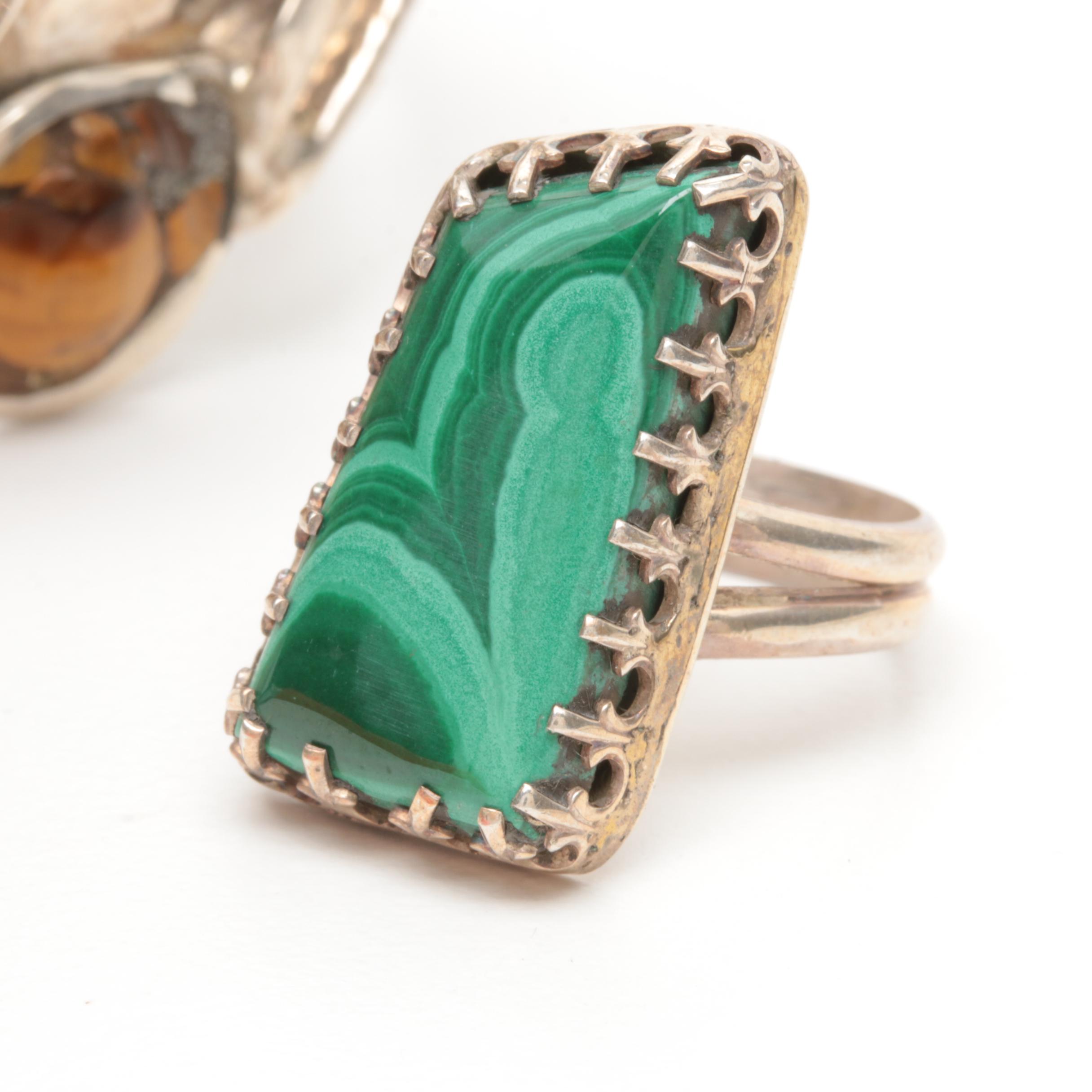 Bill Kirkham Sterling Silver Jewelry Set with Malachite, Agate and Tiger's Eye