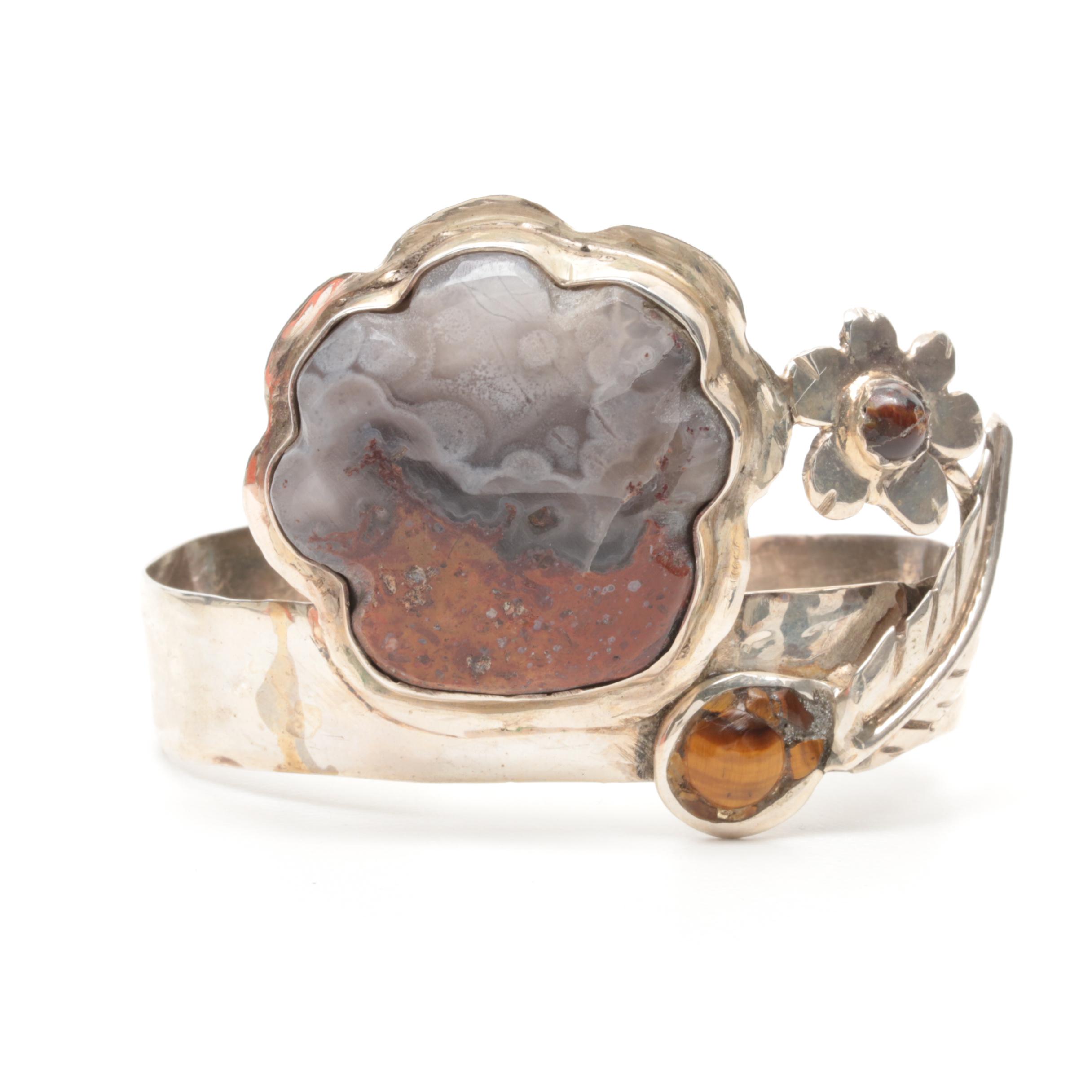 Bill Kirkham Sterling Silver Jewelry Set with Malachite, Agate and Tiger's Eye