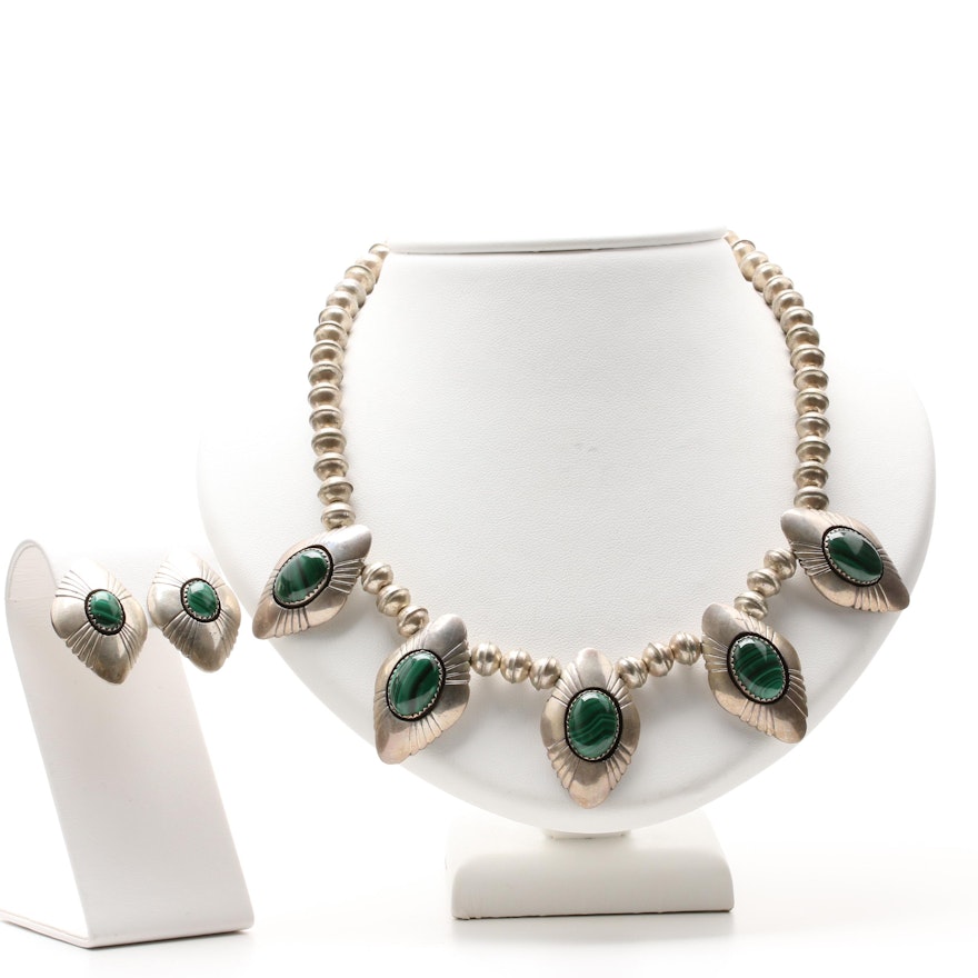 Sarah Dickens Navajo Diné Sterling Silver Malachite Necklace and Earring Set