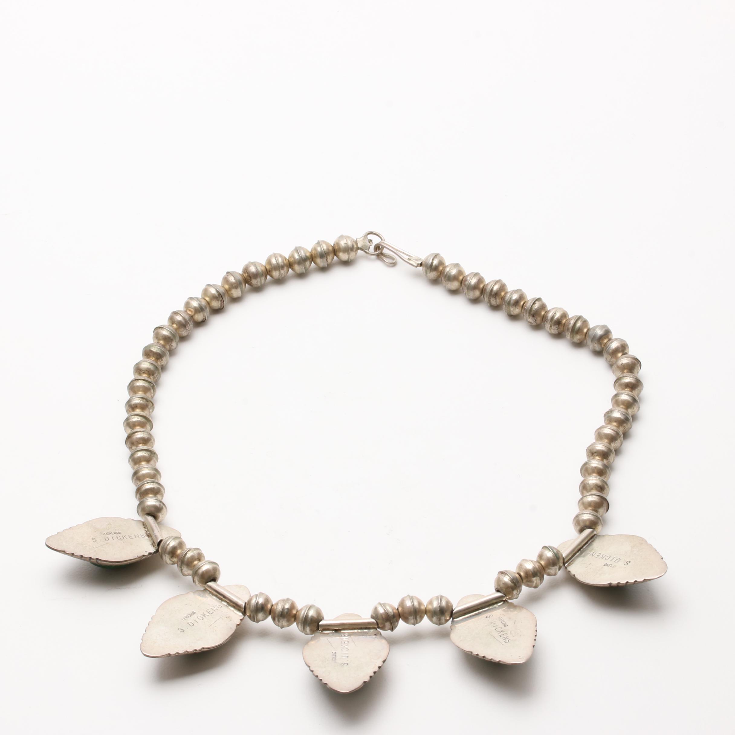 Sarah Dickens Navajo Diné Sterling Silver Malachite Necklace and Earring Set