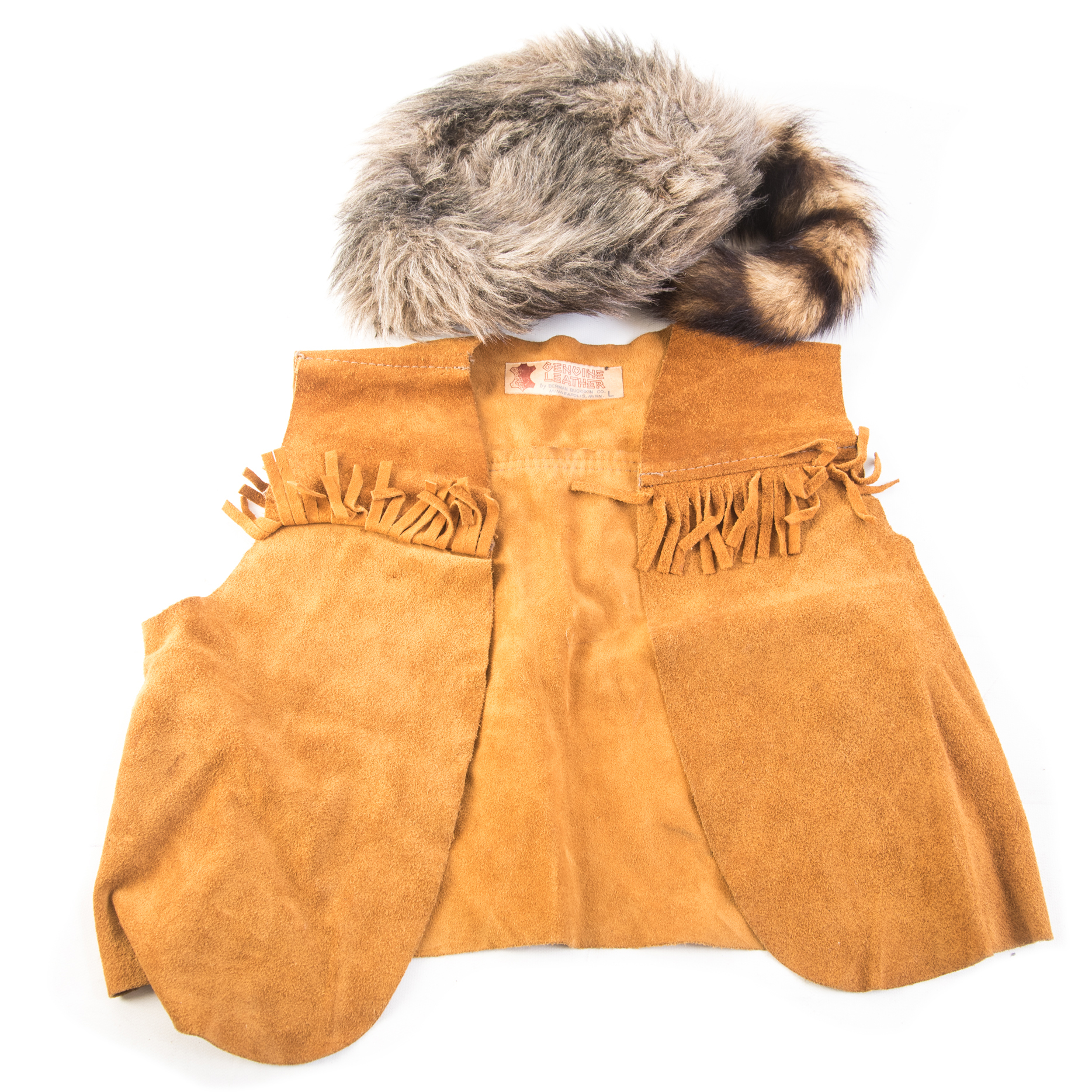 Vintage Davy Crockett Costume with Suede leather Vest and Faux Fur Hat