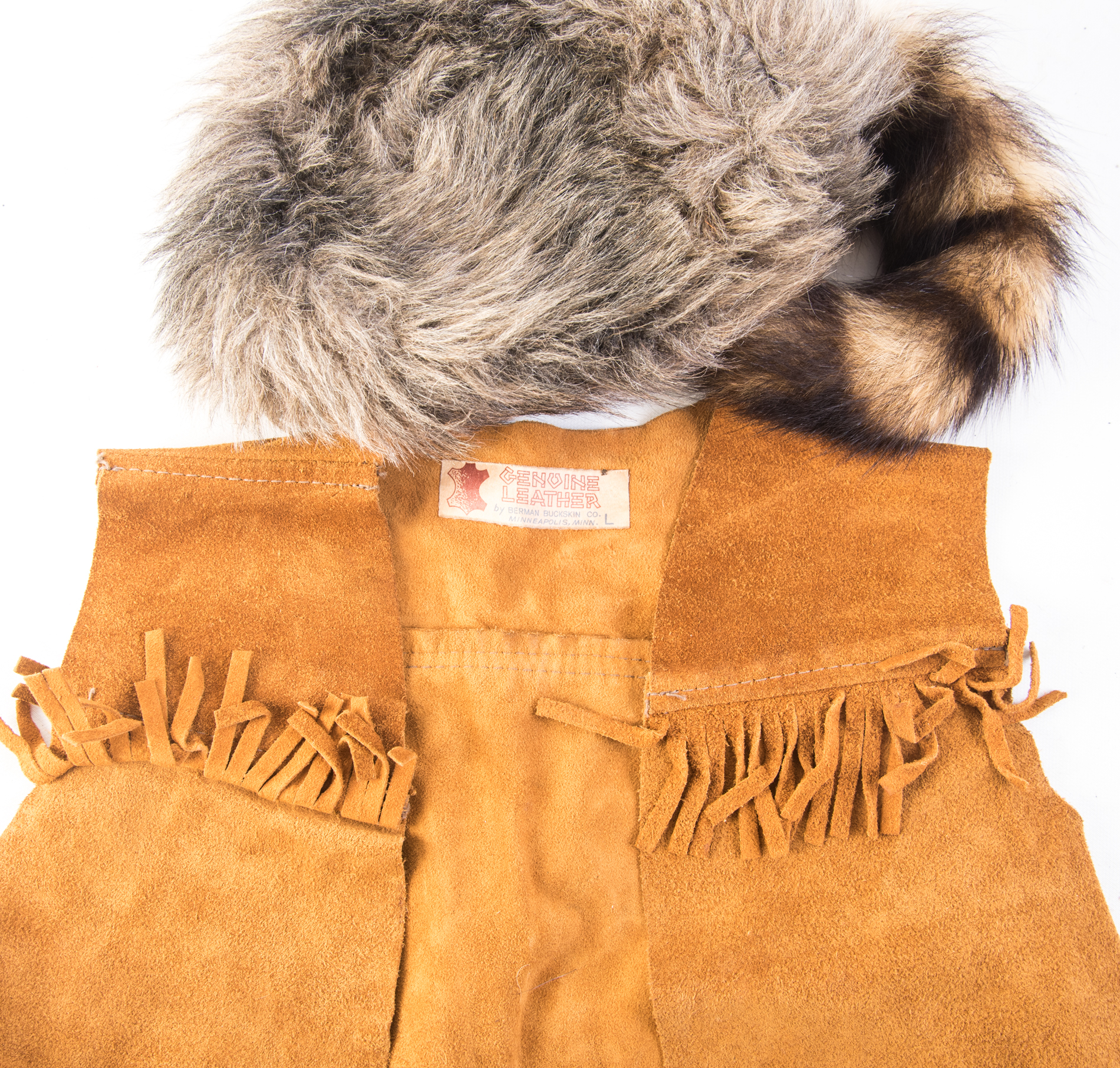 Vintage Davy Crockett Costume with Suede leather Vest and Faux Fur Hat
