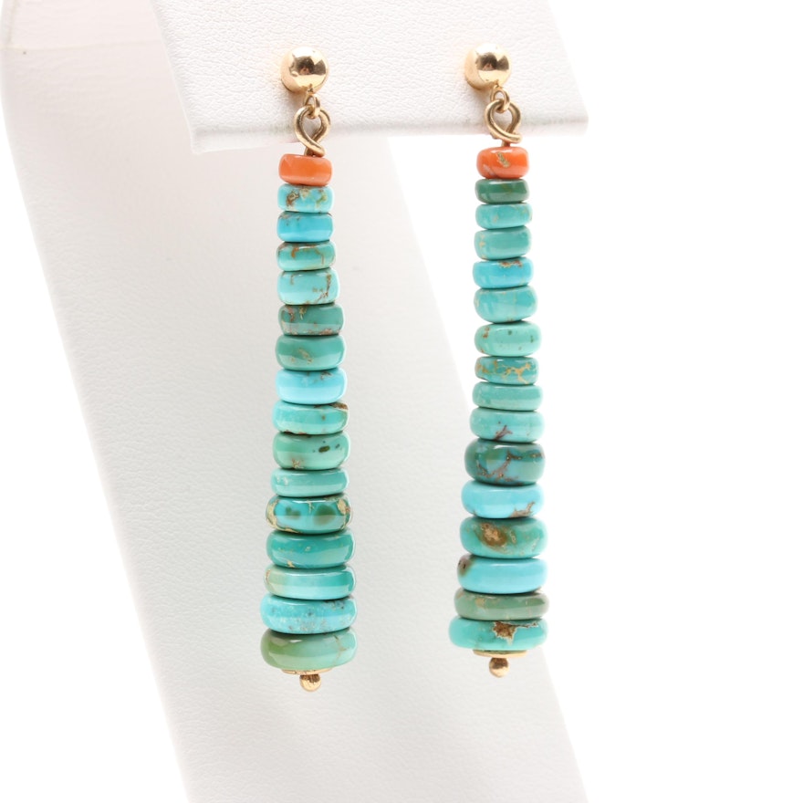 14K Yellow Gold Coral and Turquoise Dangle Earrings