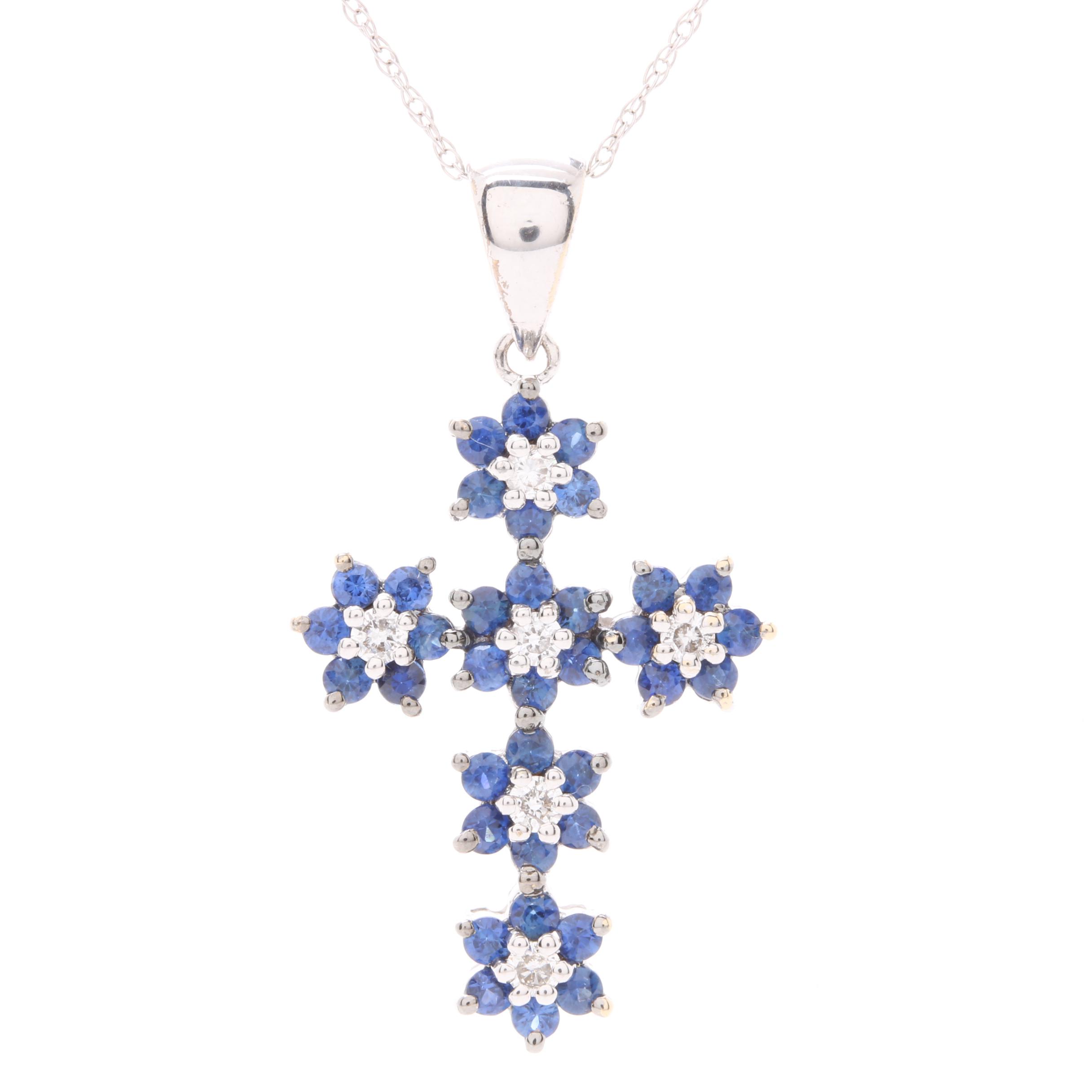 18K White Gold Blue Sapphire and Diamond Cross Pendant Necklace with 14K Chain