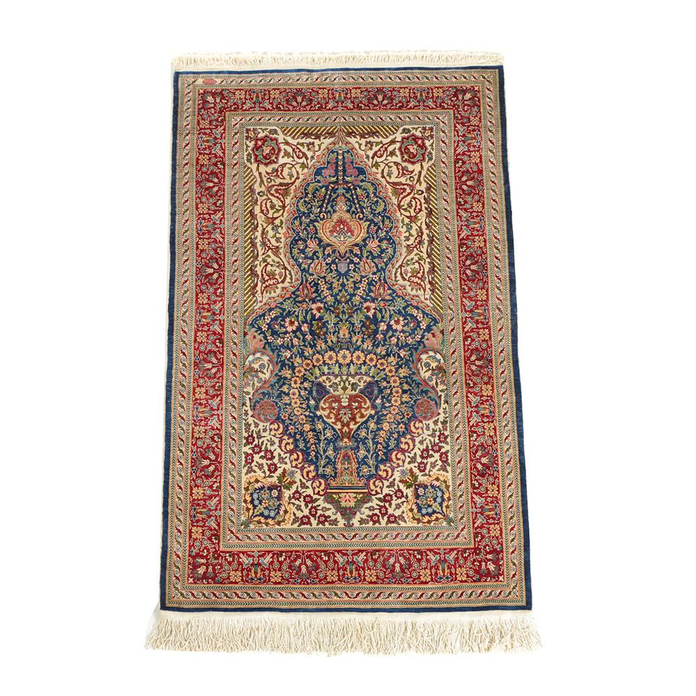 Hand-Knotted Inscribed Turkish Hereke Silk Prayer Rug
