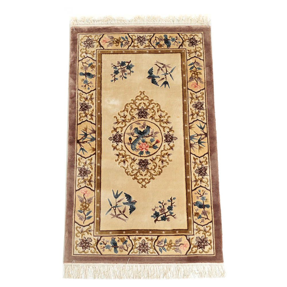 Hand-Knotted Chinese Carved Wool-Silk Blend Accent Rug