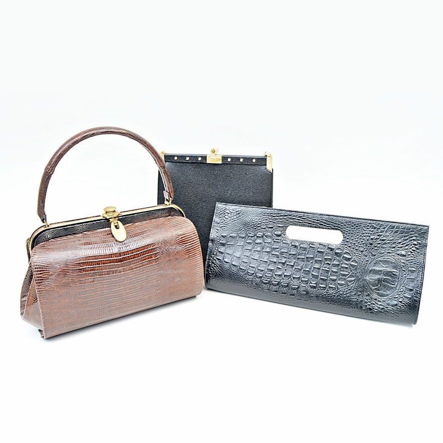 Vintage Reptile Handbag, Croc Embossed Clutch, Barry Kieselstein-Cord Handbag