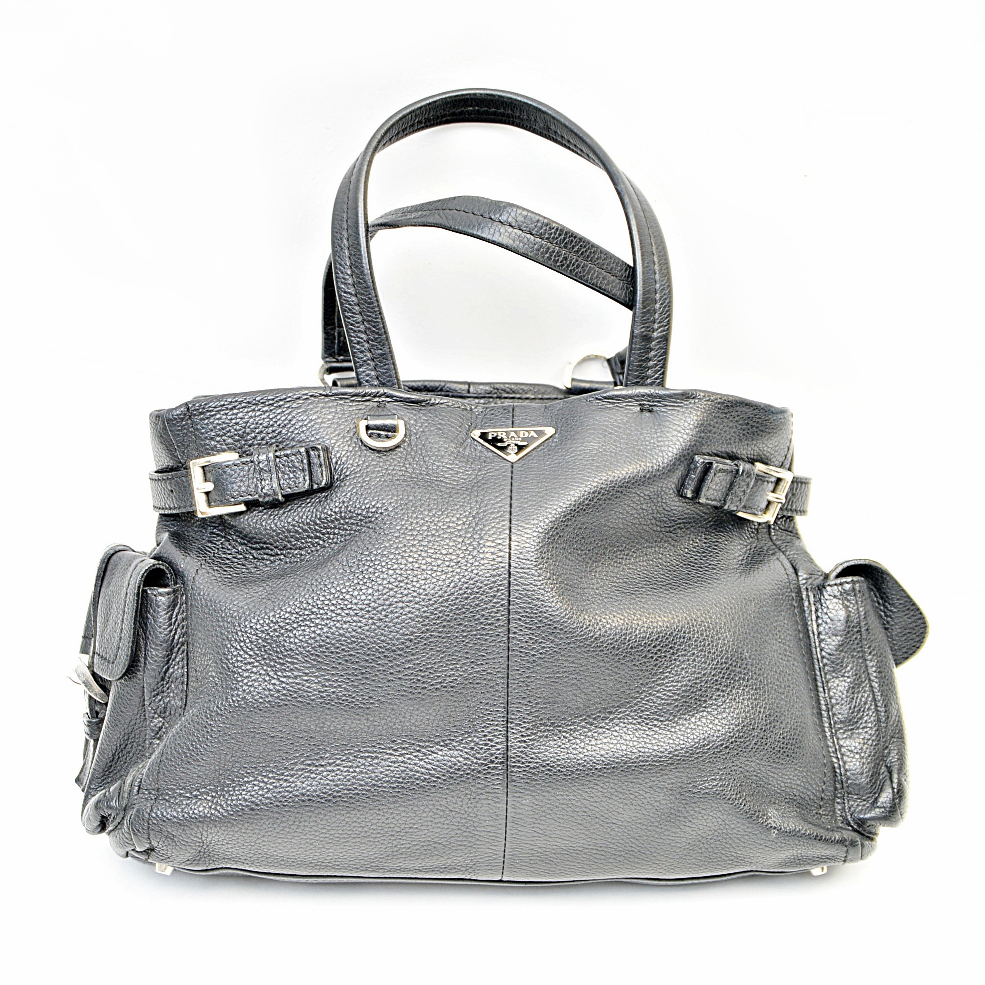 Prada Black Leather Satchel Tote Handbag