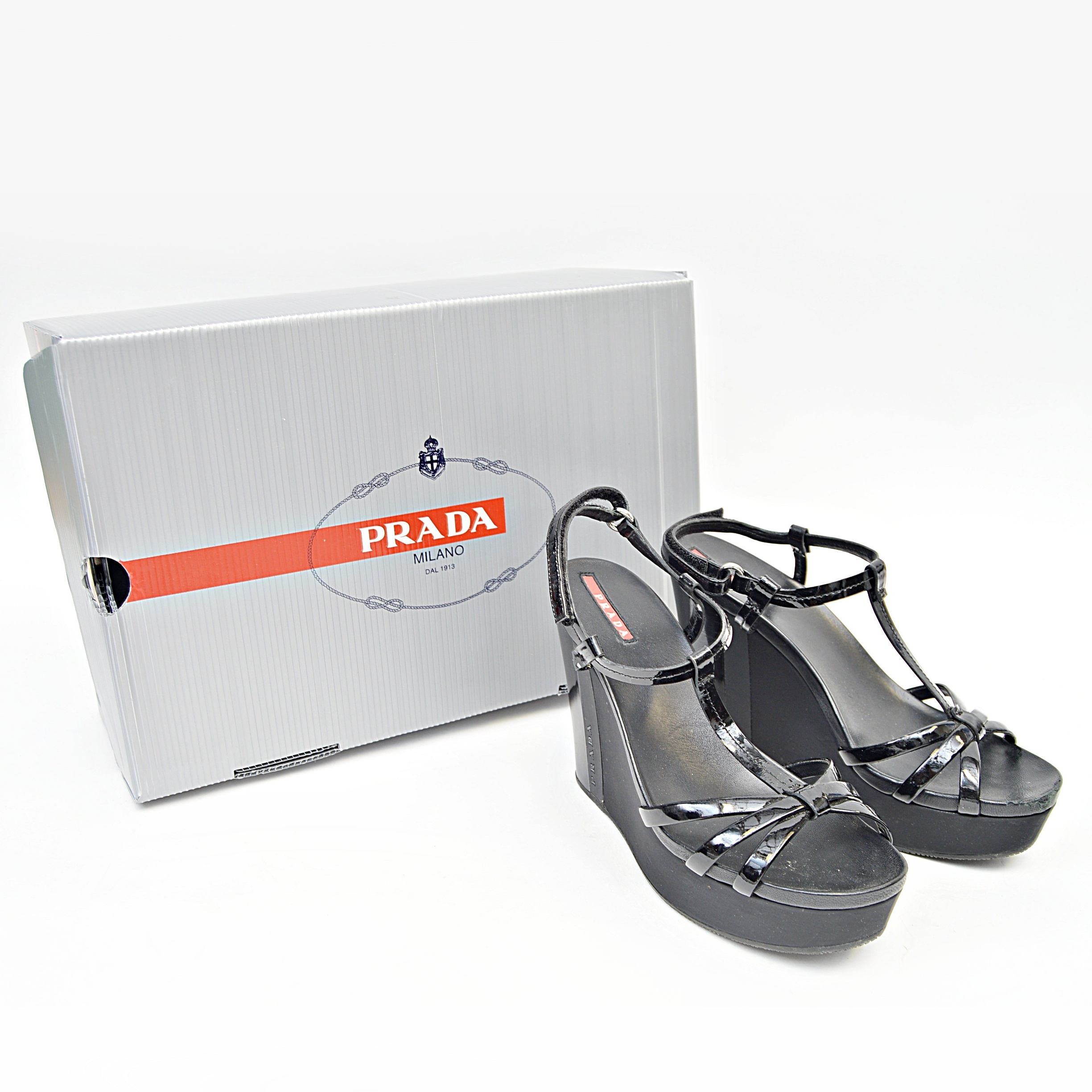 Prada Black Patent Leather Wedge Heel Sandals