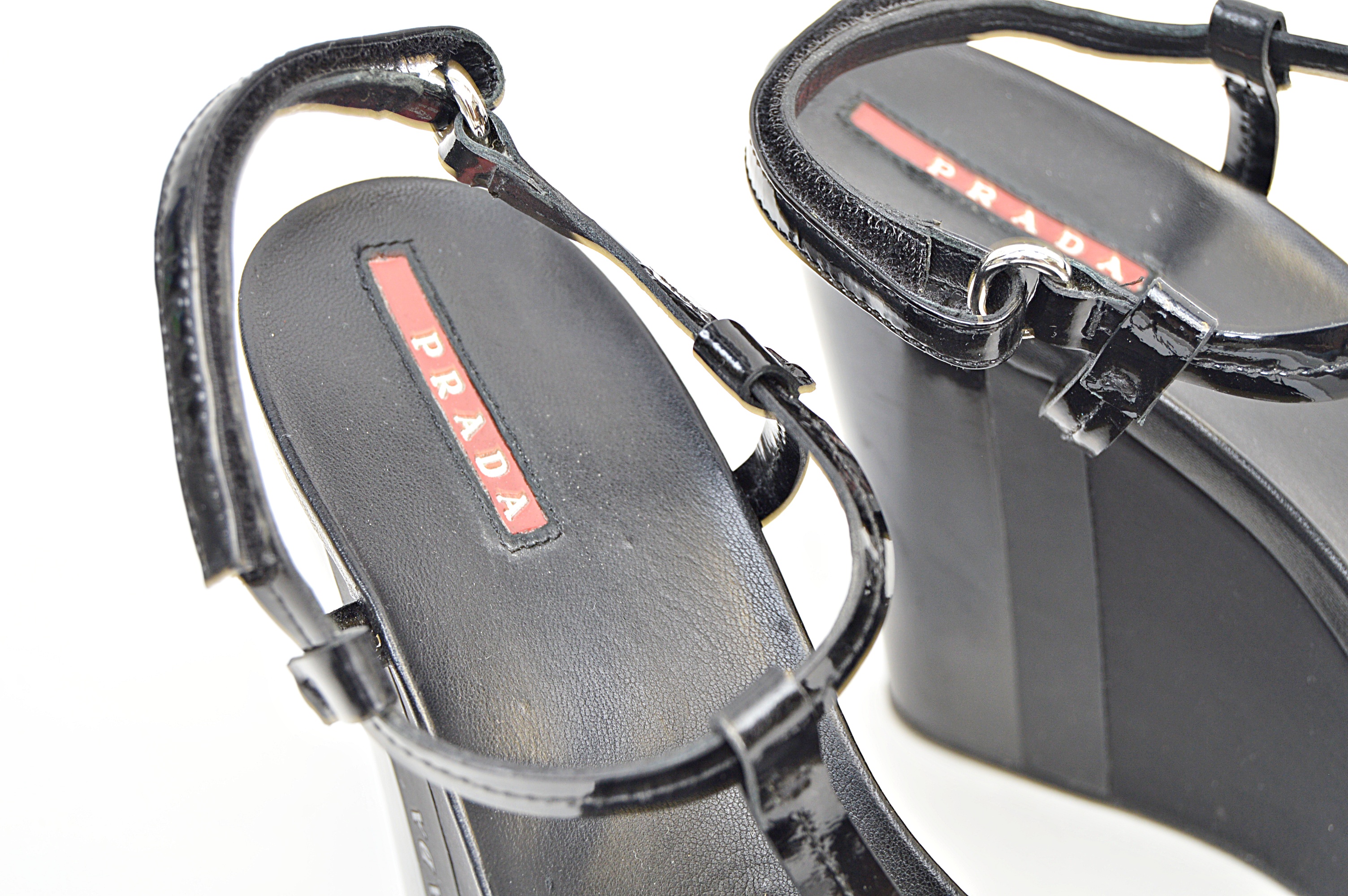 Prada Black Patent Leather Wedge Heel Sandals