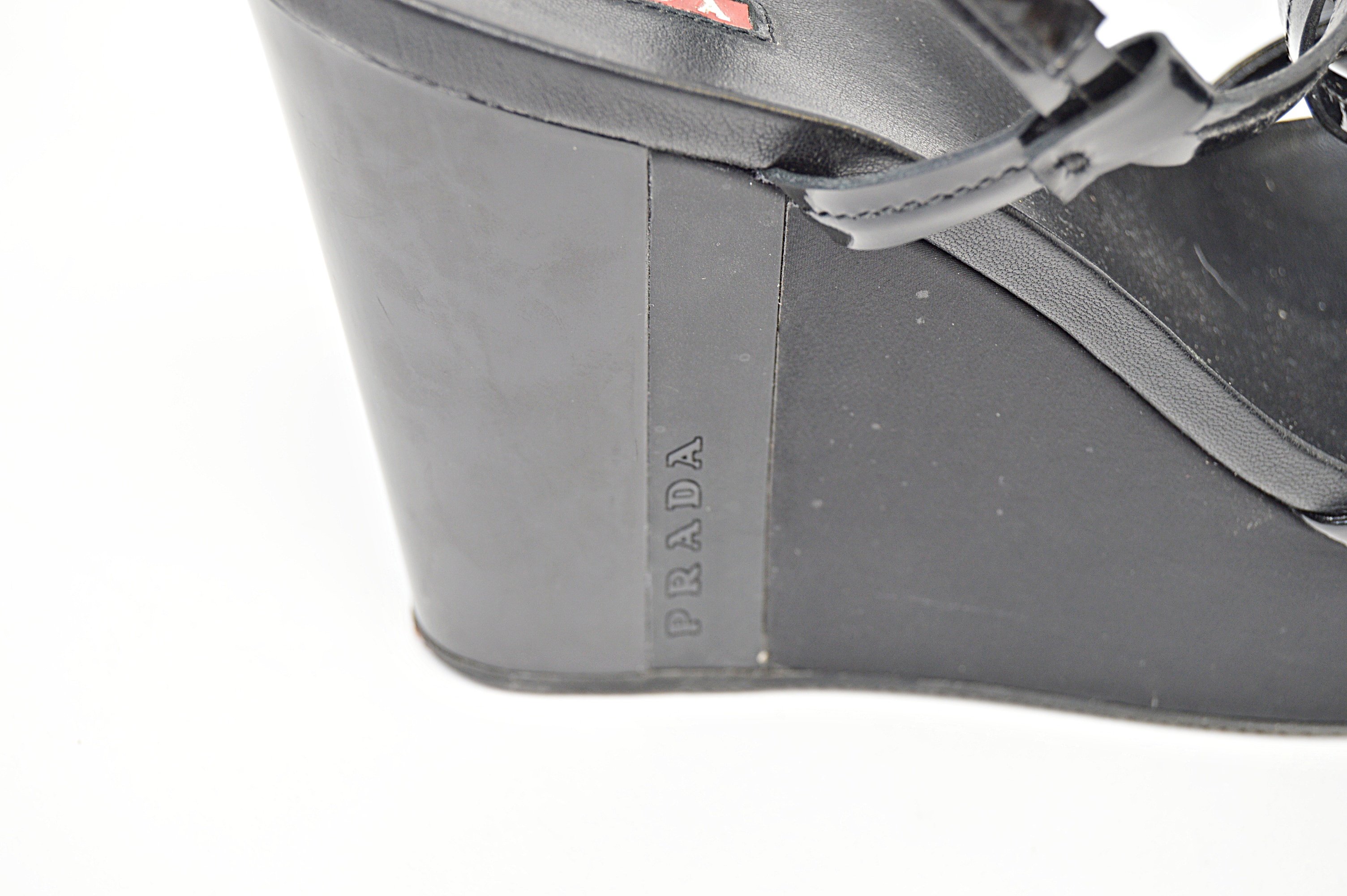 Prada Black Patent Leather Wedge Heel Sandals