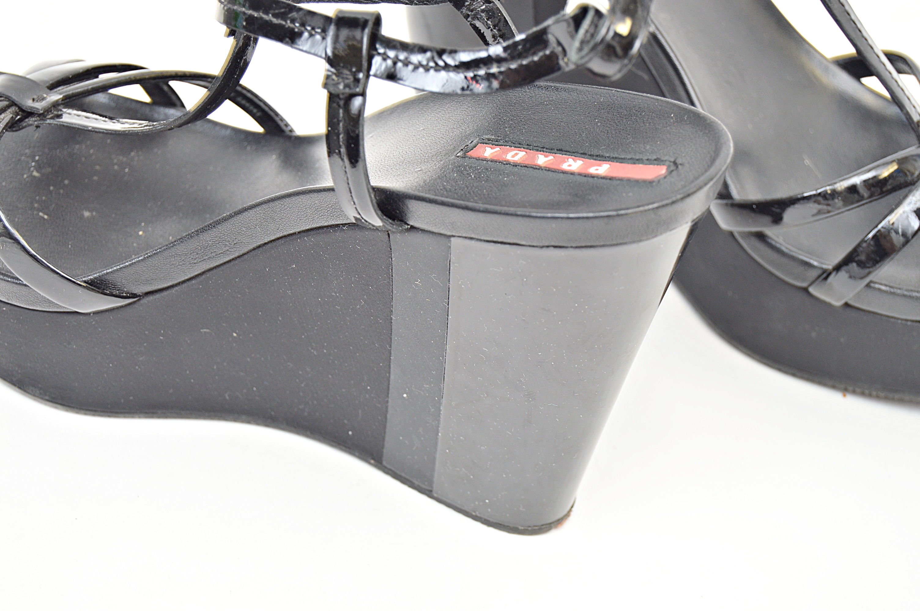 Prada Black Patent Leather Wedge Heel Sandals
